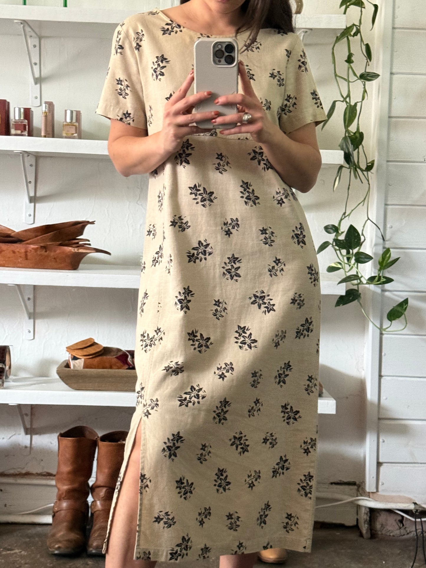 Vintage Floral Creme Canvas Cotton Dress