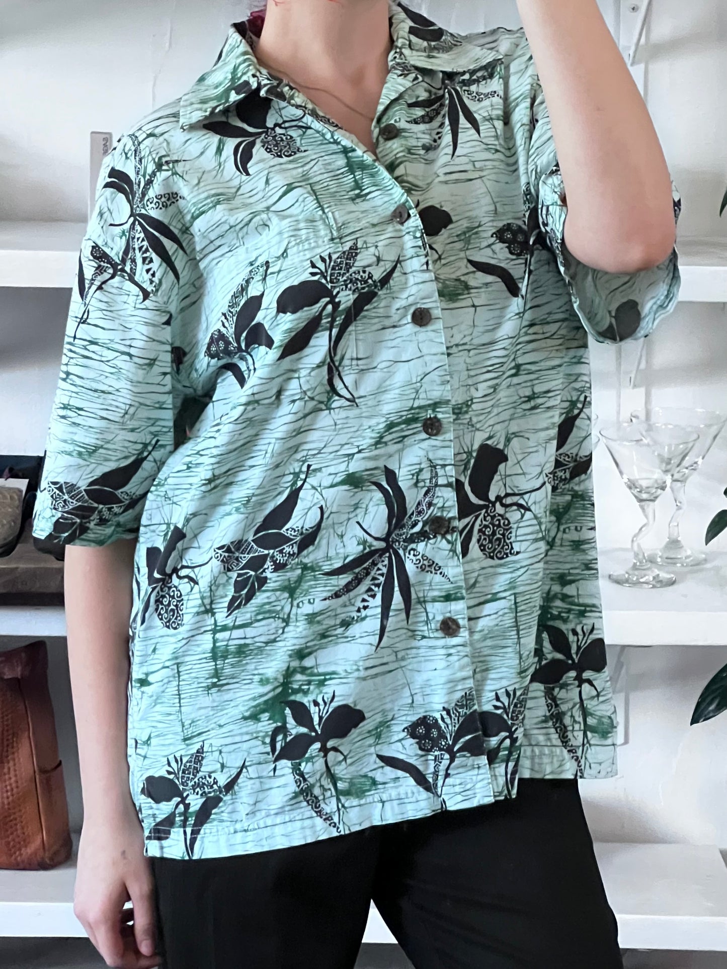 Vintage Tropical Sage Camp Button Up