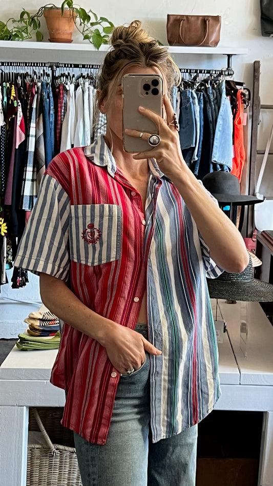 Vintage Color Block Striped Button Up