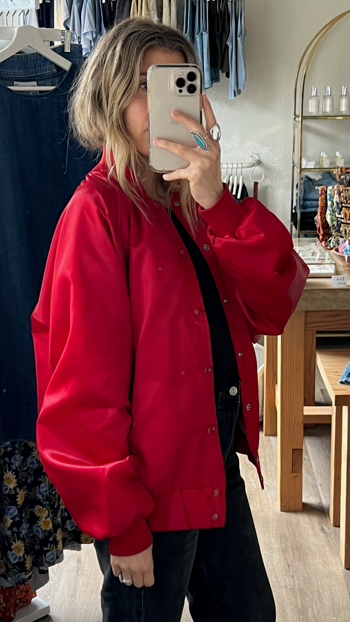 Vintage Cherry Satin Bomber Jacket