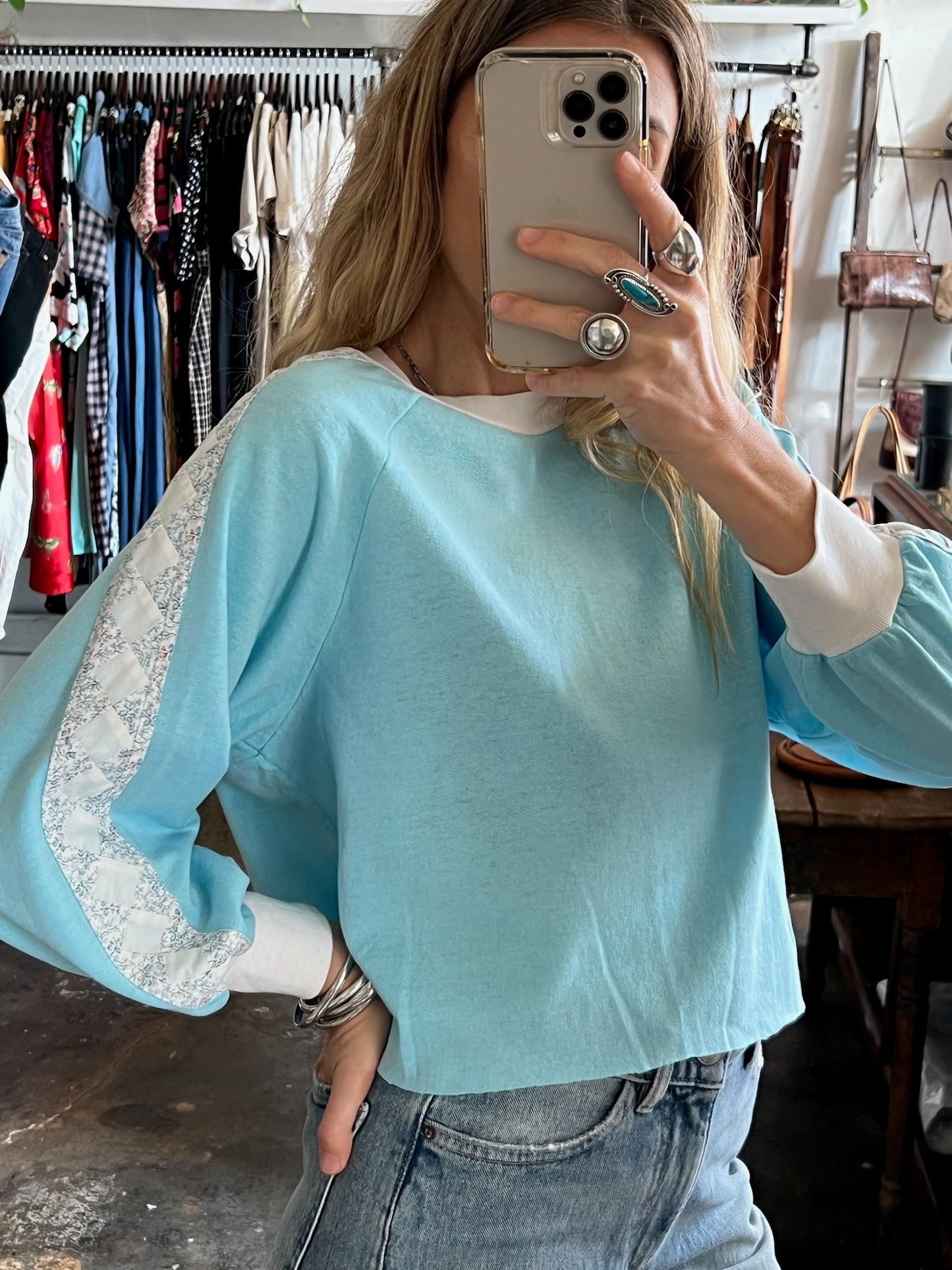 Vintage Quilt-Detail Crop Sweatshirt