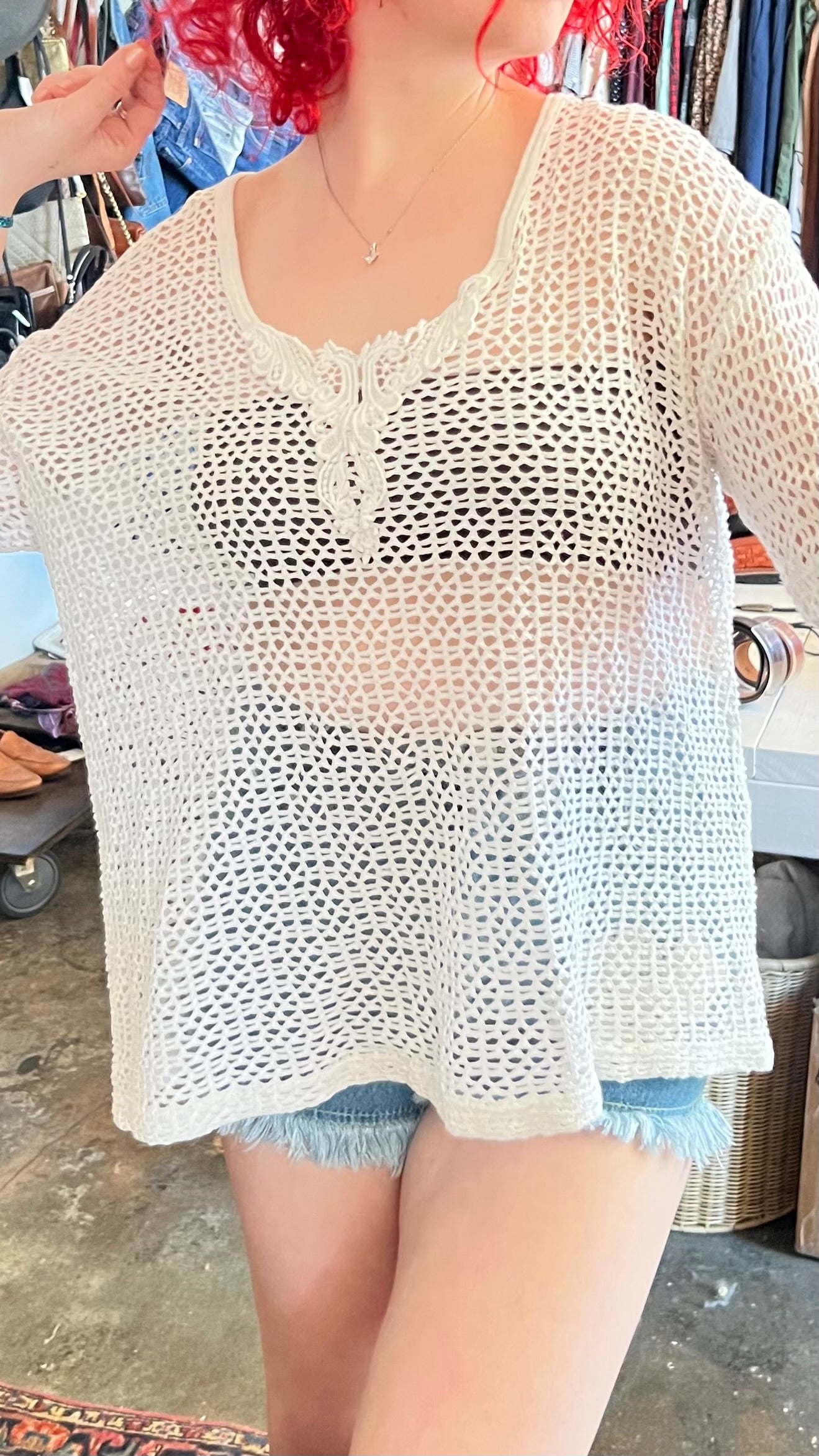 Vintage Ivory Mesh Knit Shell