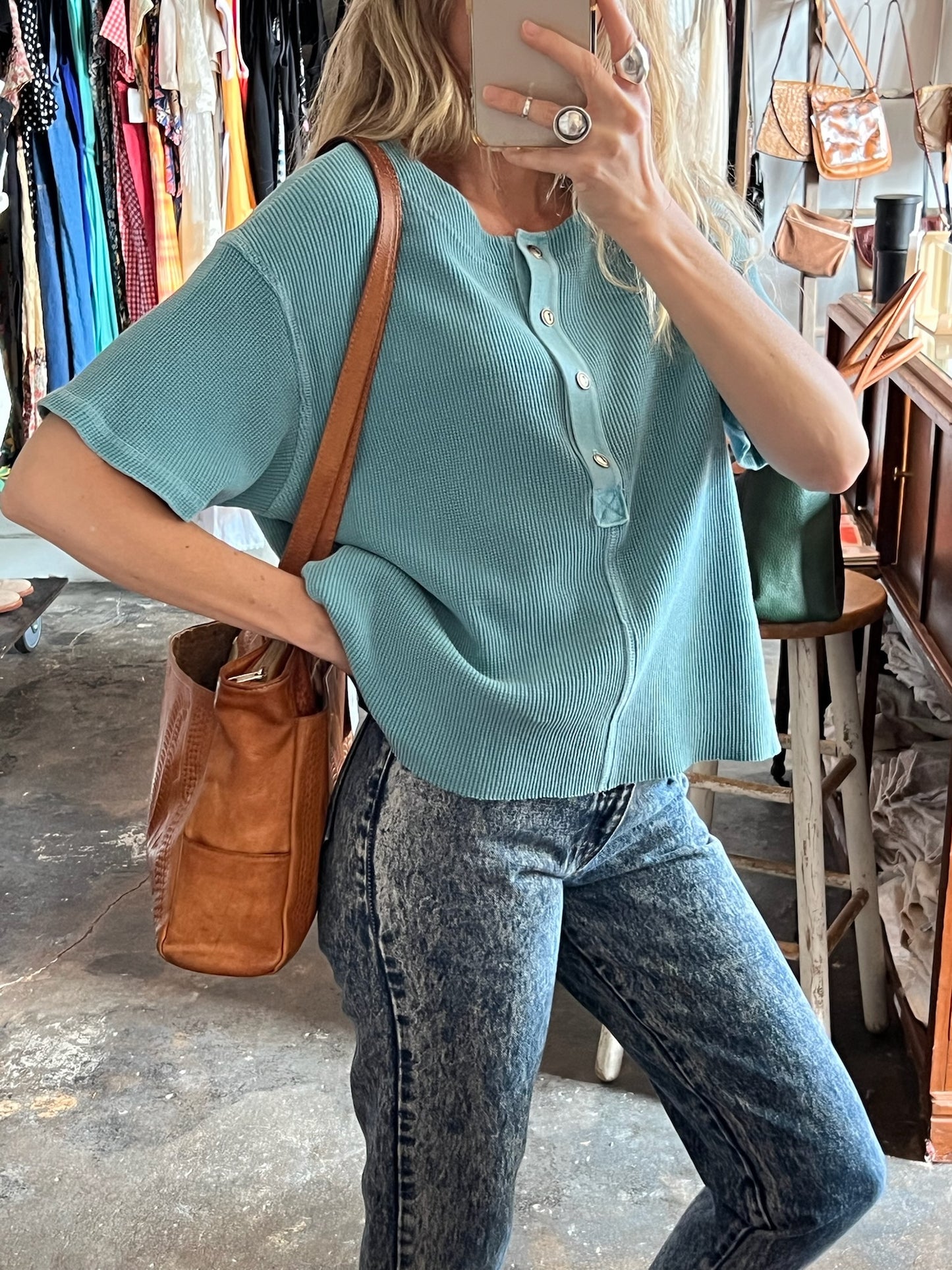 Vintage Aqua Waffle Knit Henley