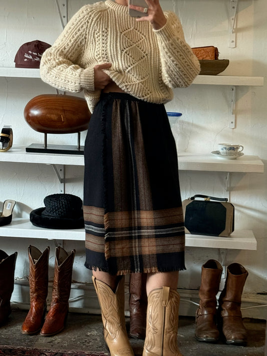 Vintage Plaid Wool Fringe-Hem Skirt