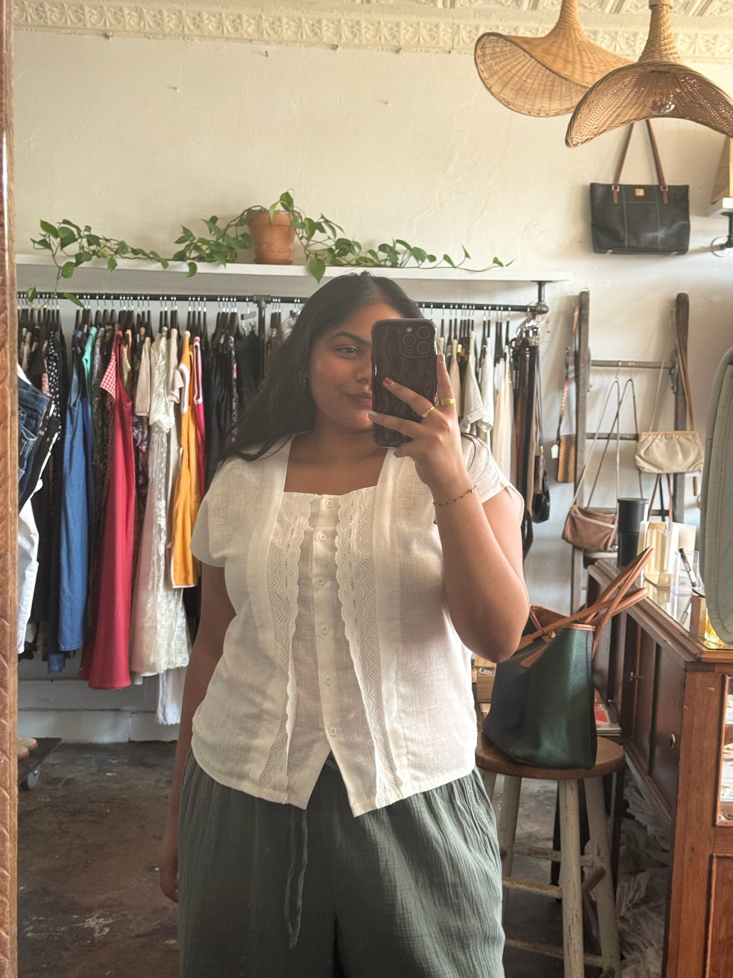 Vintage White Linen Lace Front Blouse