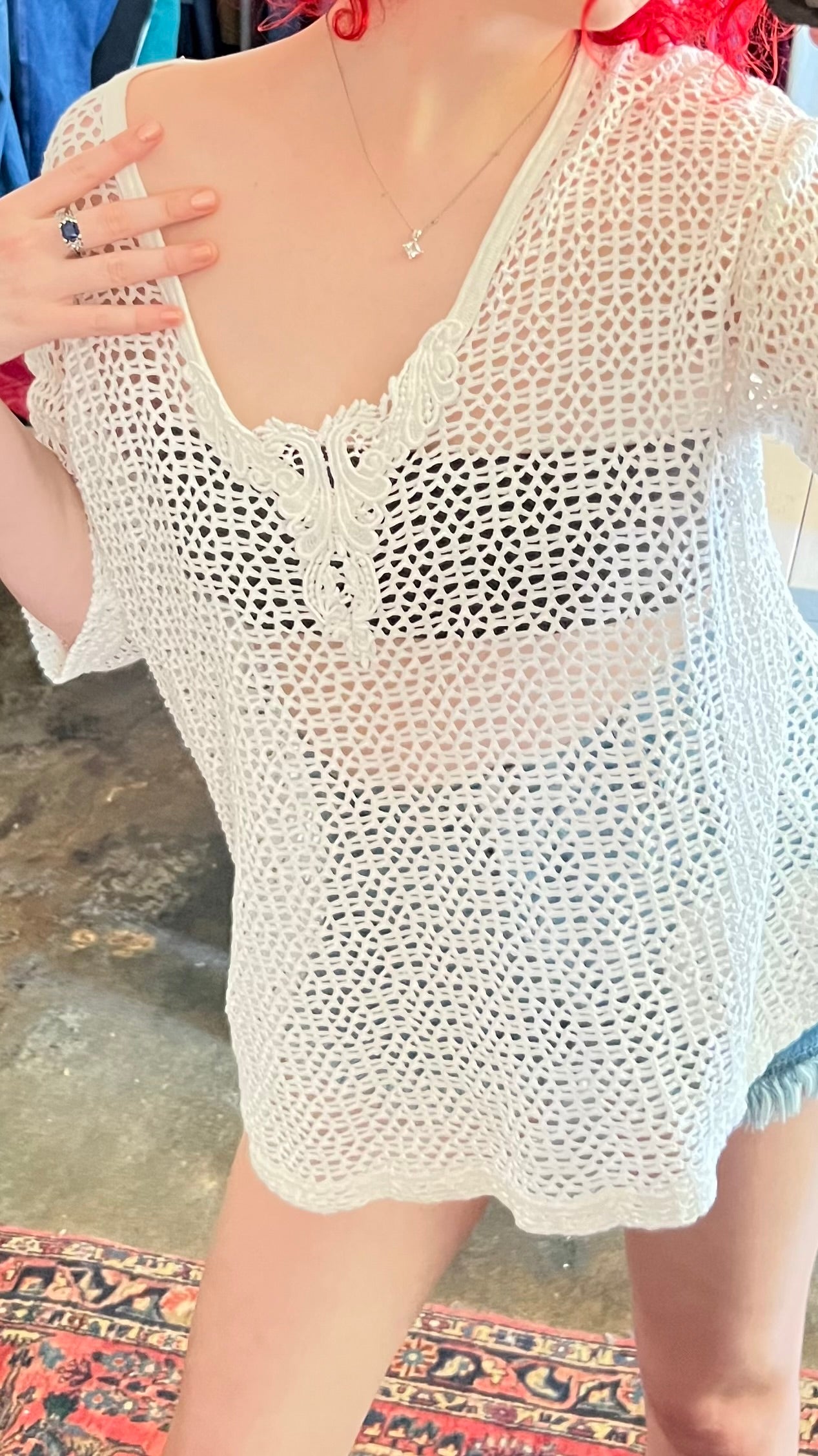Vintage Ivory Mesh Knit Shell