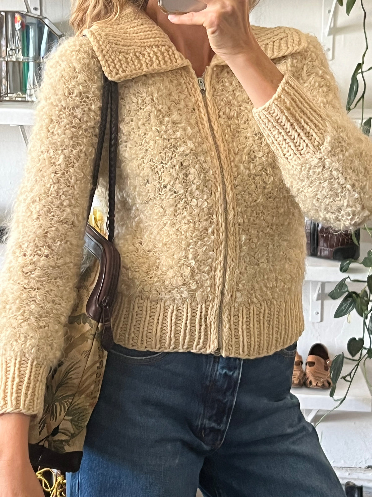 Vintage Natural Ivory Mohair Cropped Knit Zip Jacket