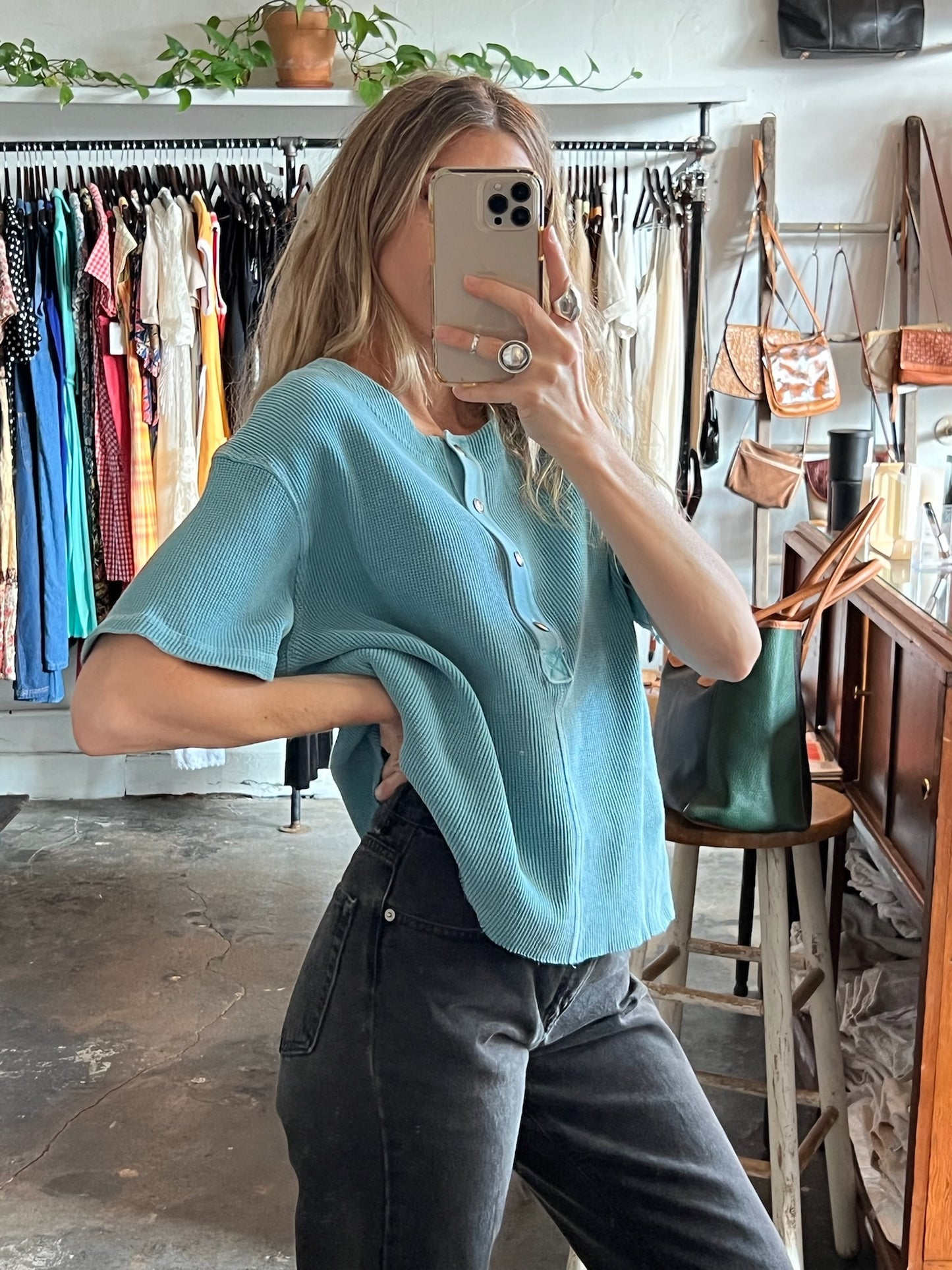 Vintage Aqua Waffle Knit Henley