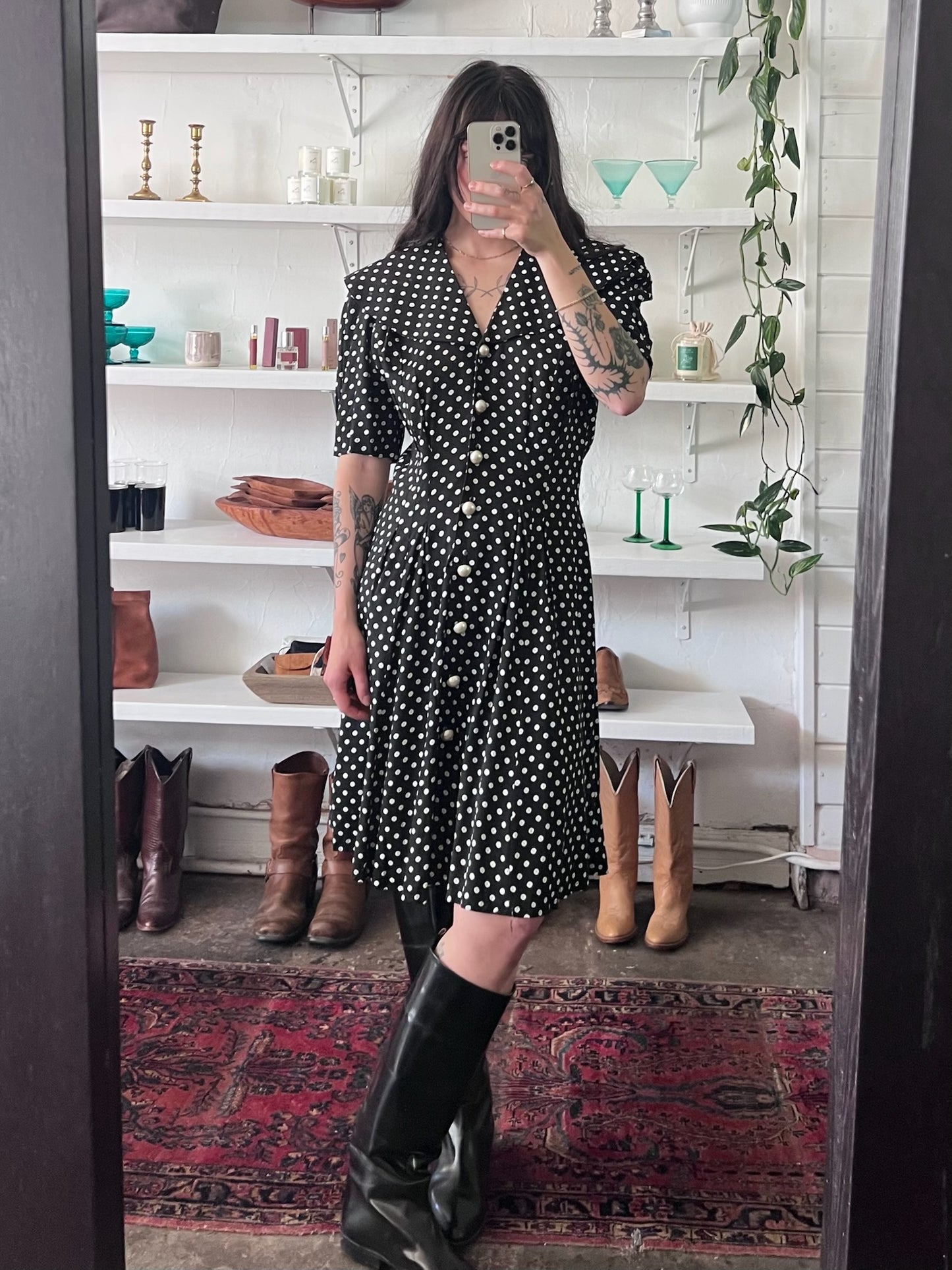 Vintage Ivory and Onyx Polka Dot Dress