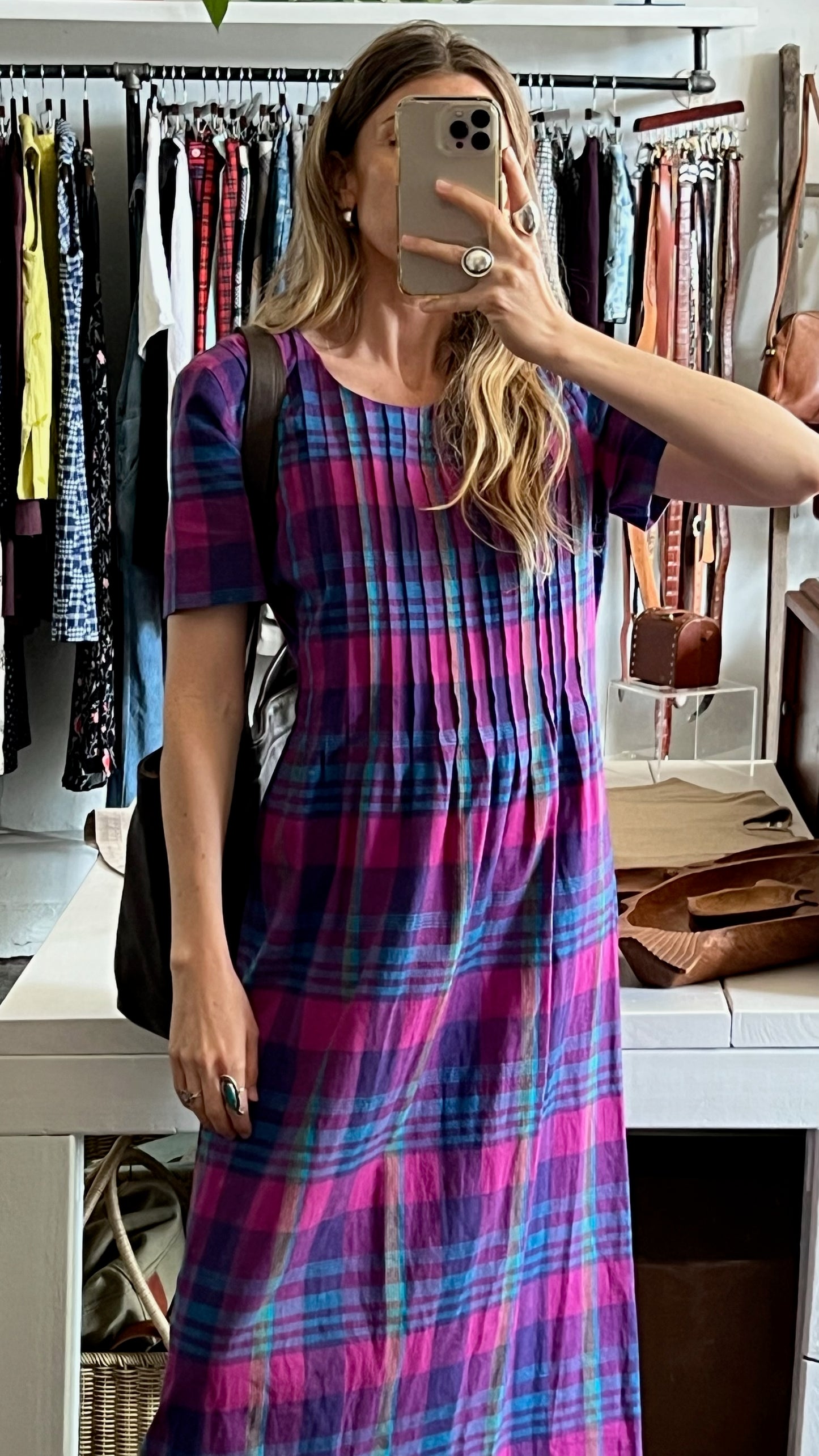 Vintage Plaid & Pleated Maxi Dress