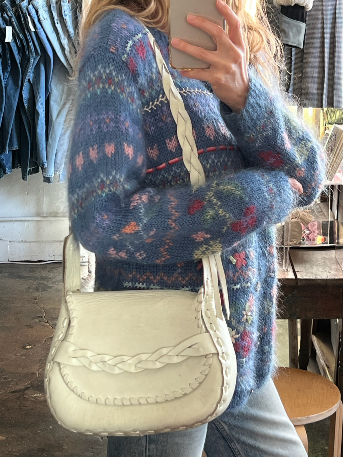 Vintage Cream Braided Leather Boho Western Flap-Closure Purse