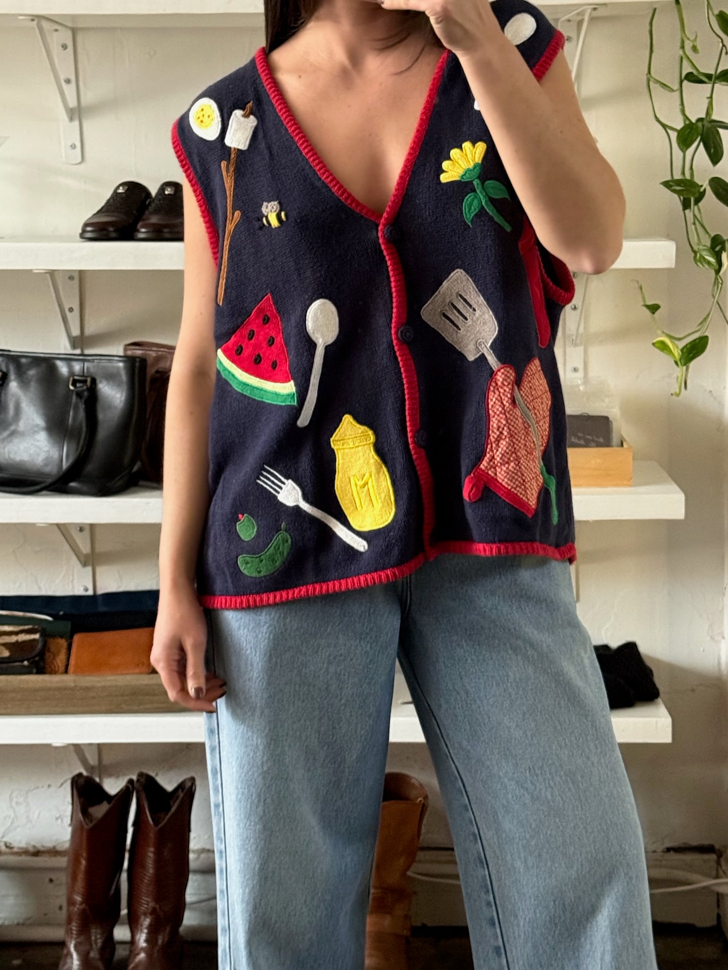 Vintage Watermelon Embroidered Sleeveless Vest