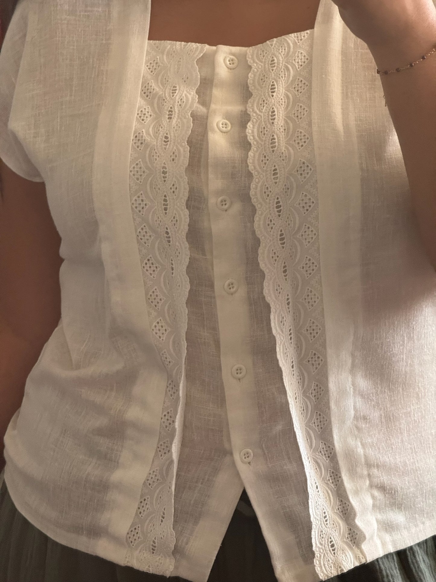 Vintage White Linen Lace Front Blouse