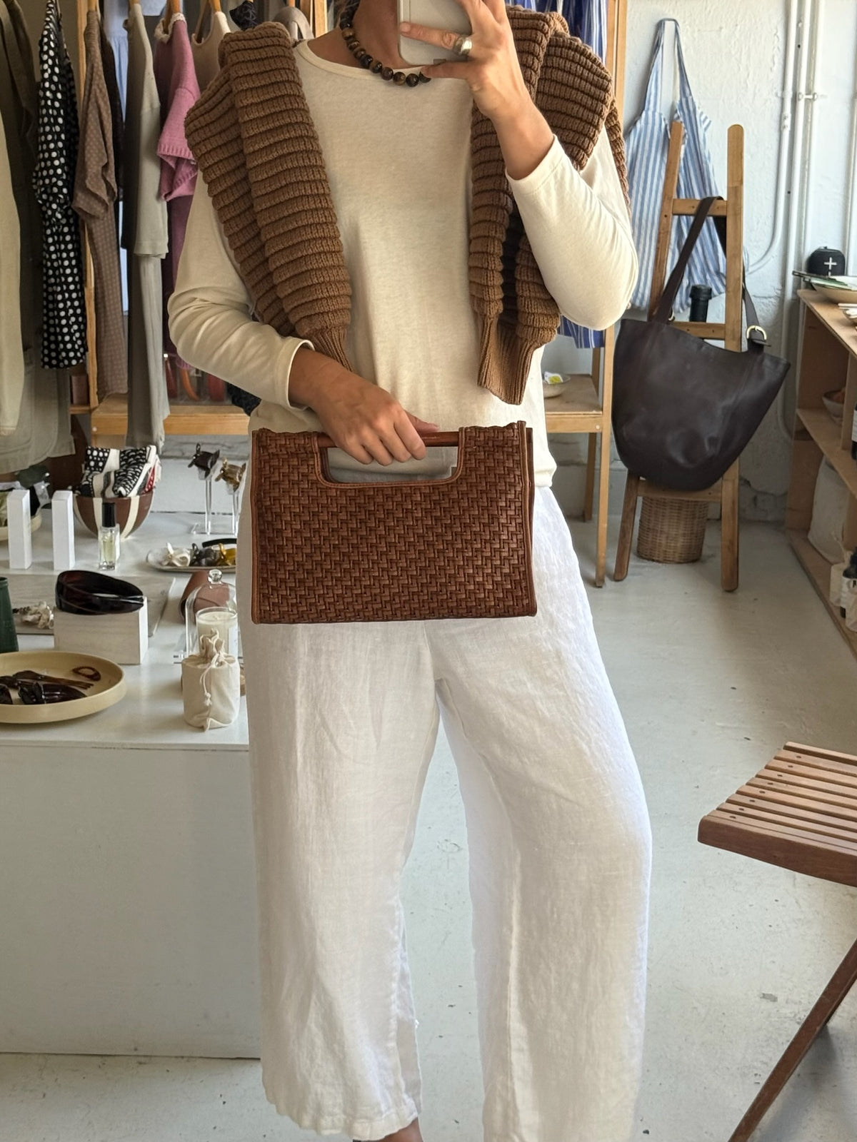 Vintage Fossil Woven Purse With Wood Handles