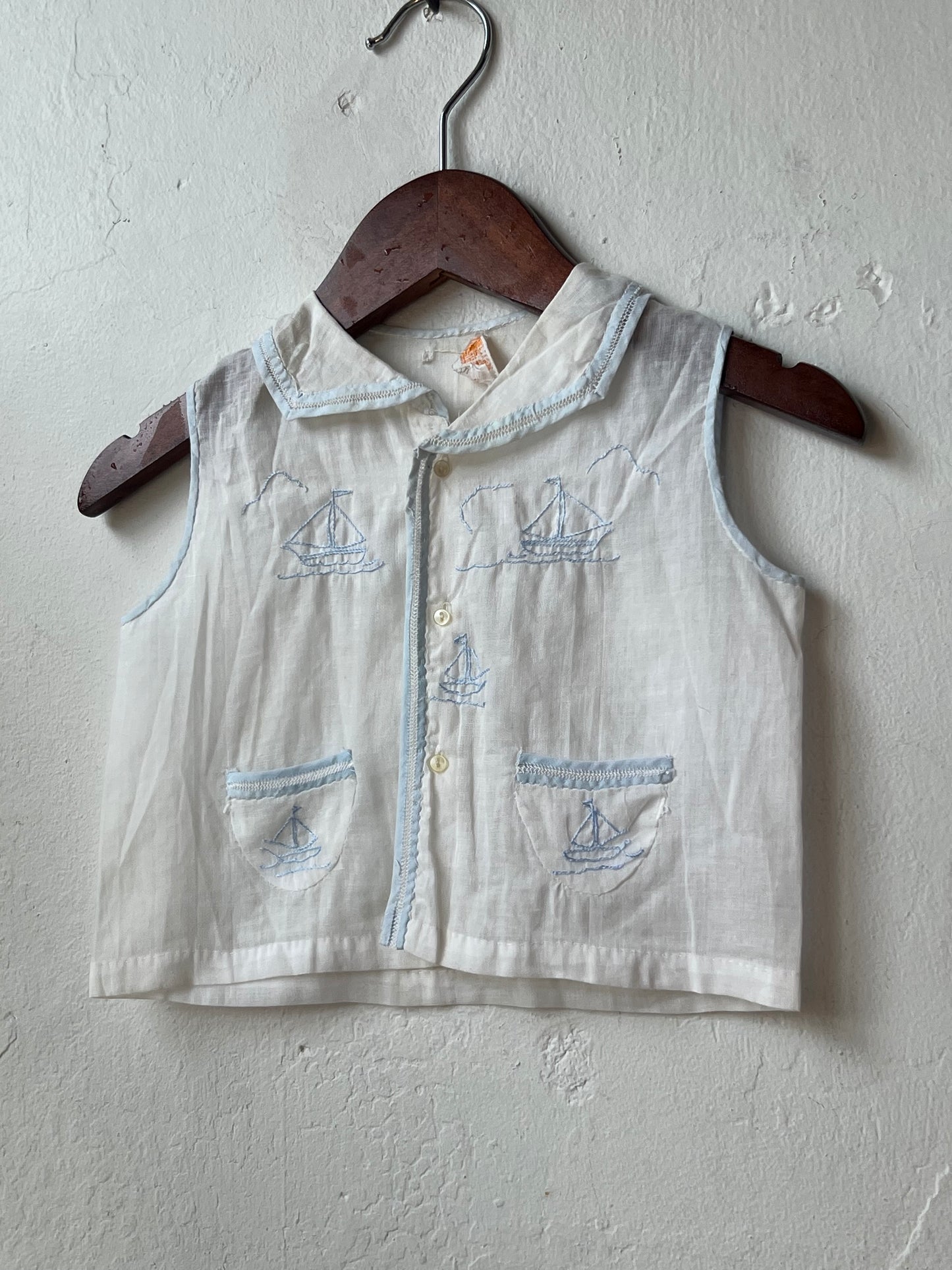Vintage Delicate Embroidered Sailboat Infant top