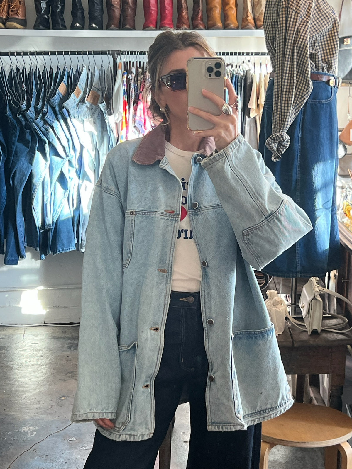 Vintage Light-Wash Denim and Cocoa Twill Chore Coat