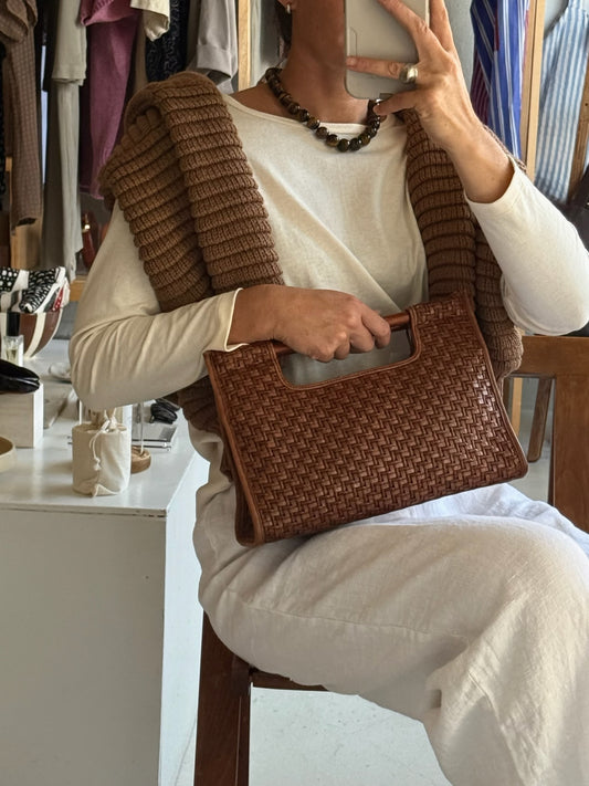 Vintage Fossil Woven Purse With Wood Handles