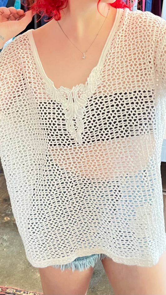 Vintage Ivory Mesh Knit Shell