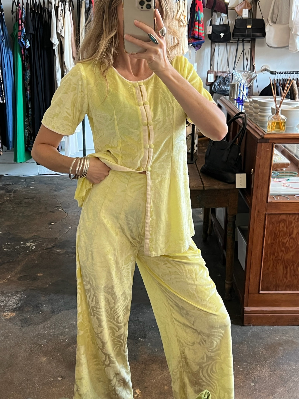 Vintage Neon Debossed Floral Velour Matching Set