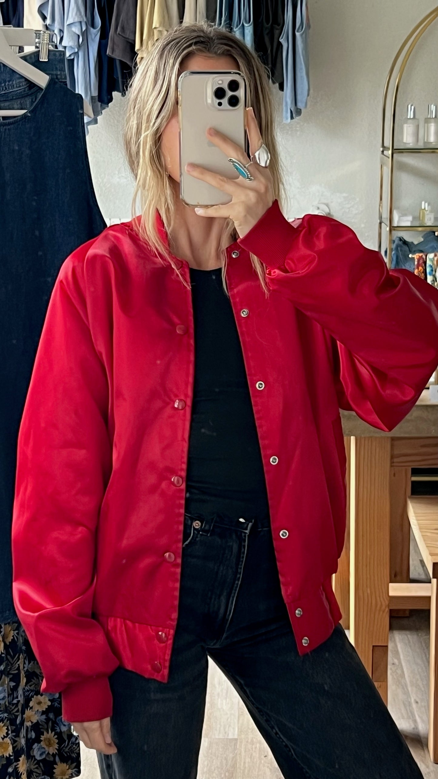 Vintage Cherry Satin Bomber Jacket