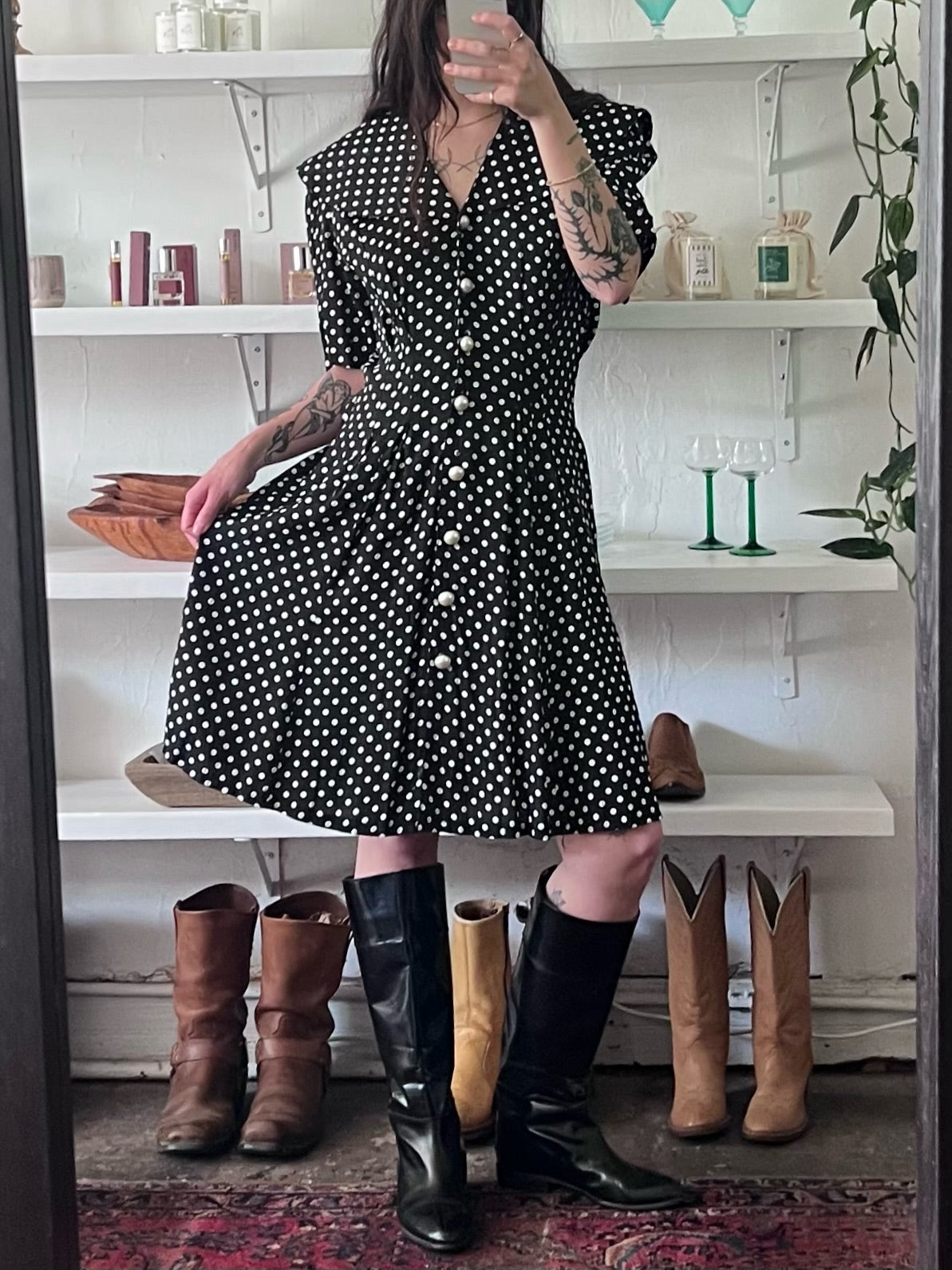 Vintage Ivory and Onyx Polka Dot Dress