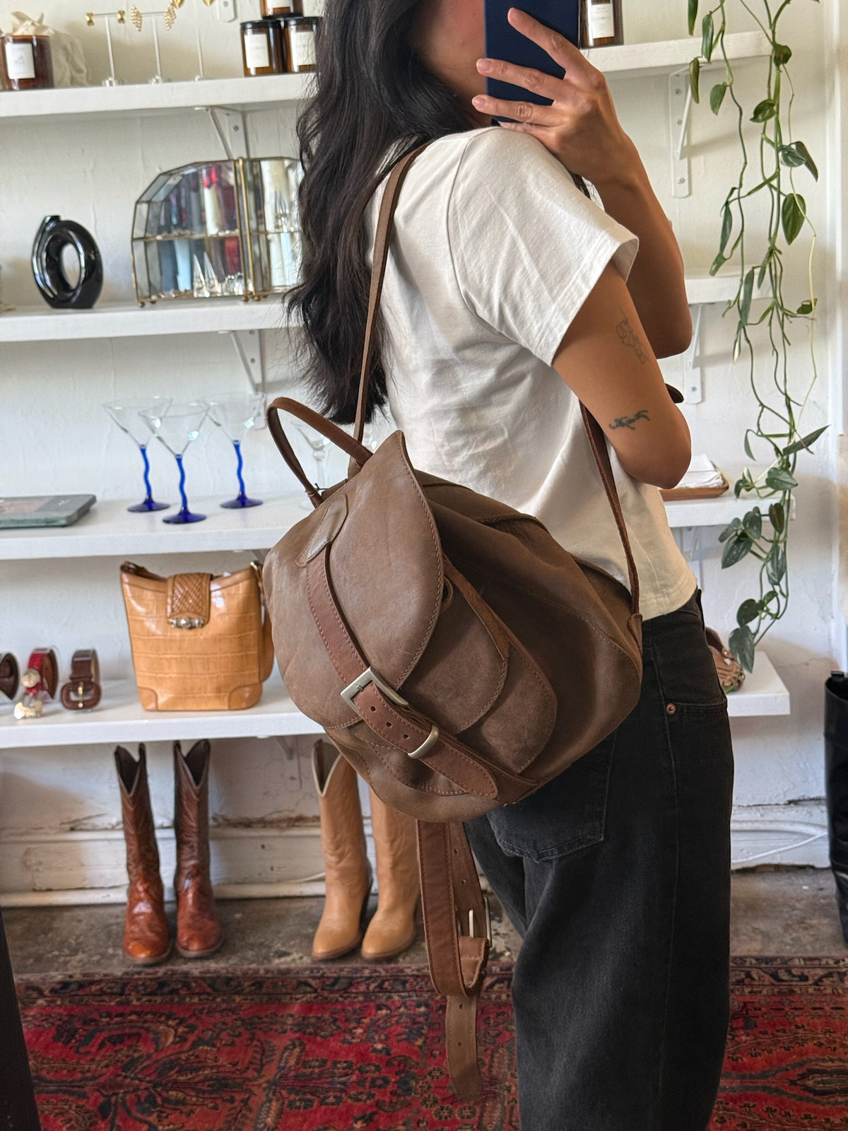 Vintage Rounded Leather Buckled Flap Backpack