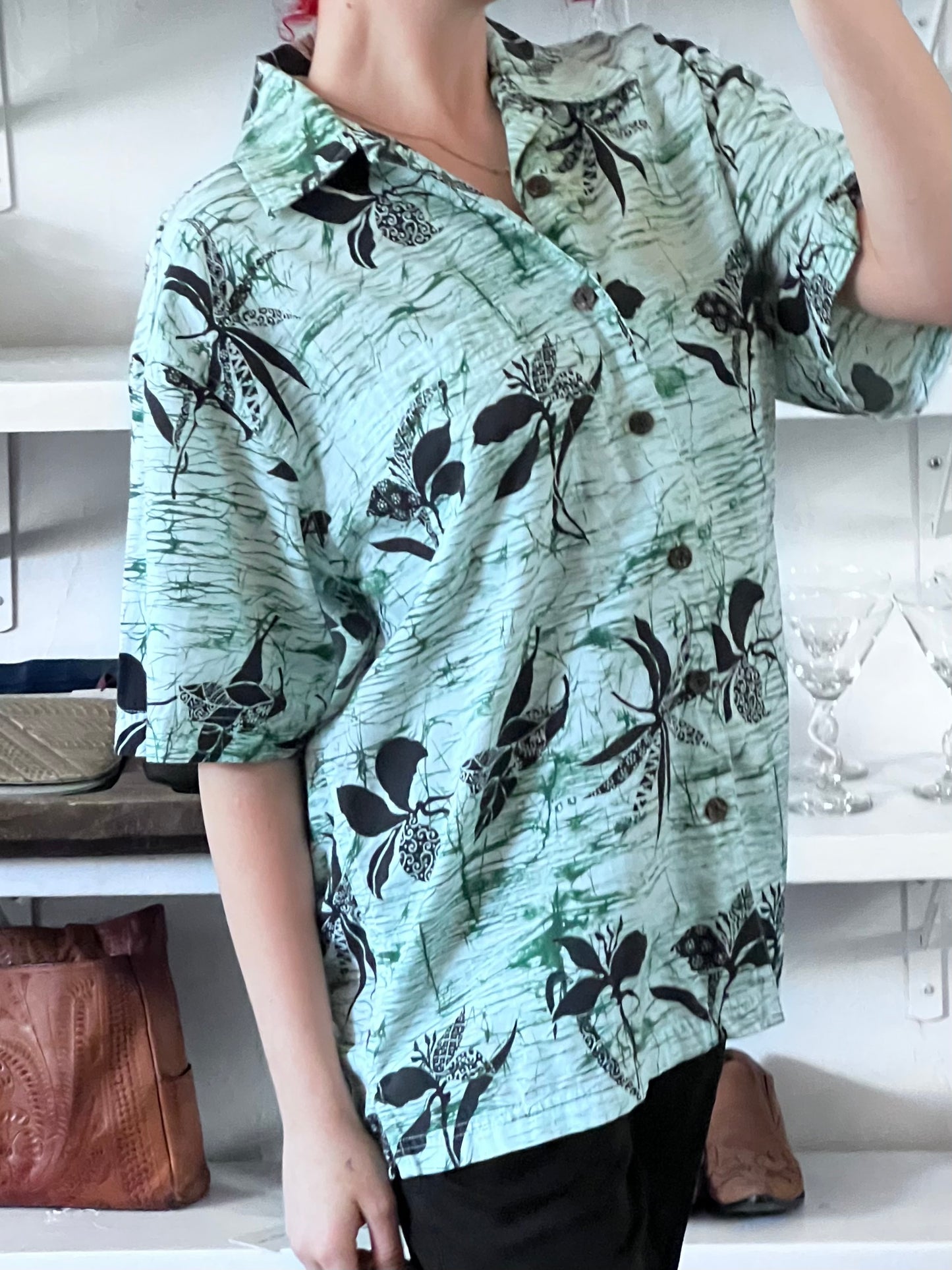 Vintage Tropical Sage Camp Button Up