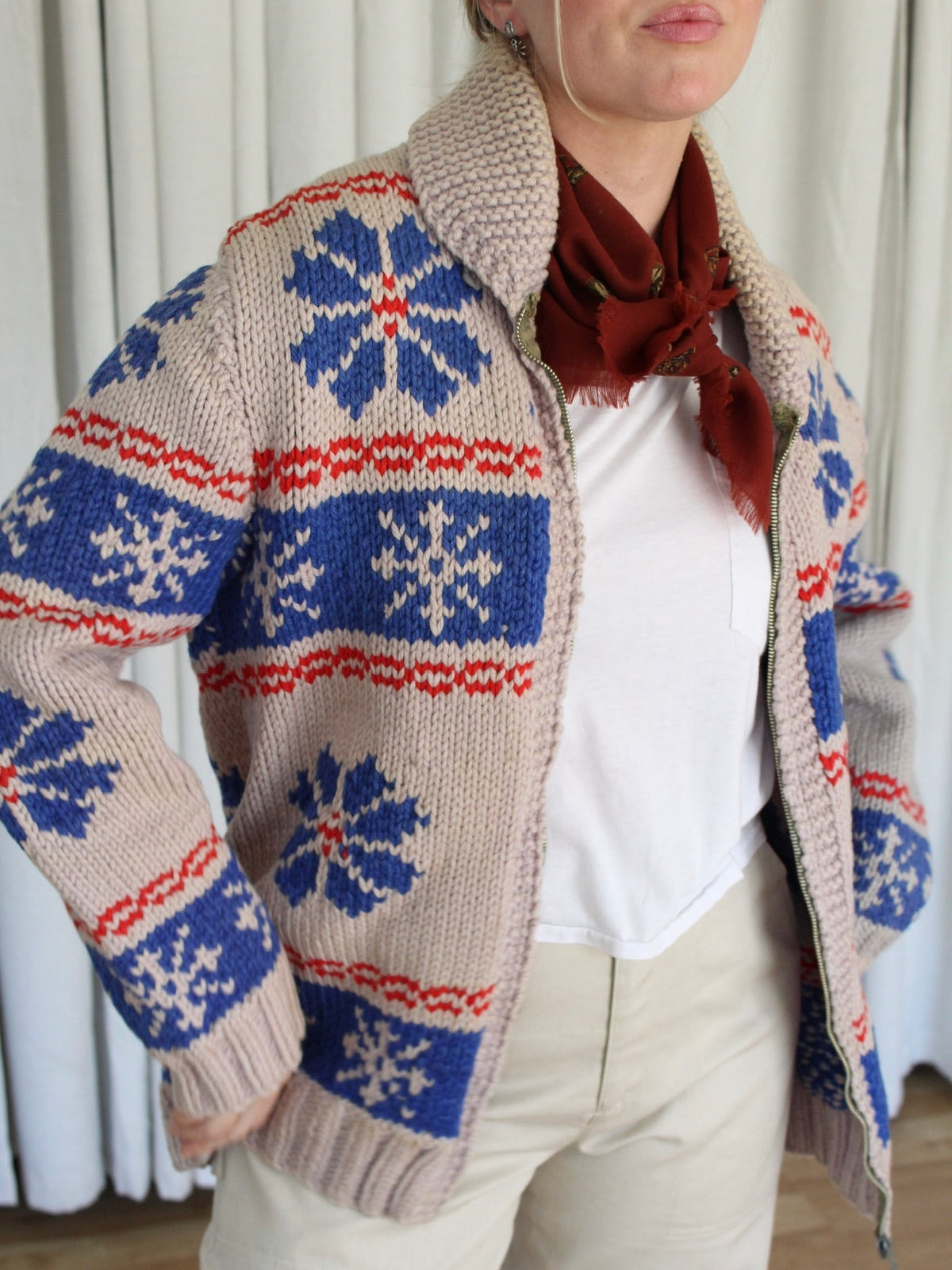 Vintage Chunky Knit Fair Isle Zip Sweater Jacket