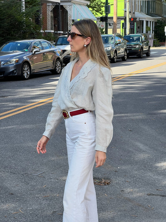 Vintage Embroidered Linen Long Sleeve Wrap Top