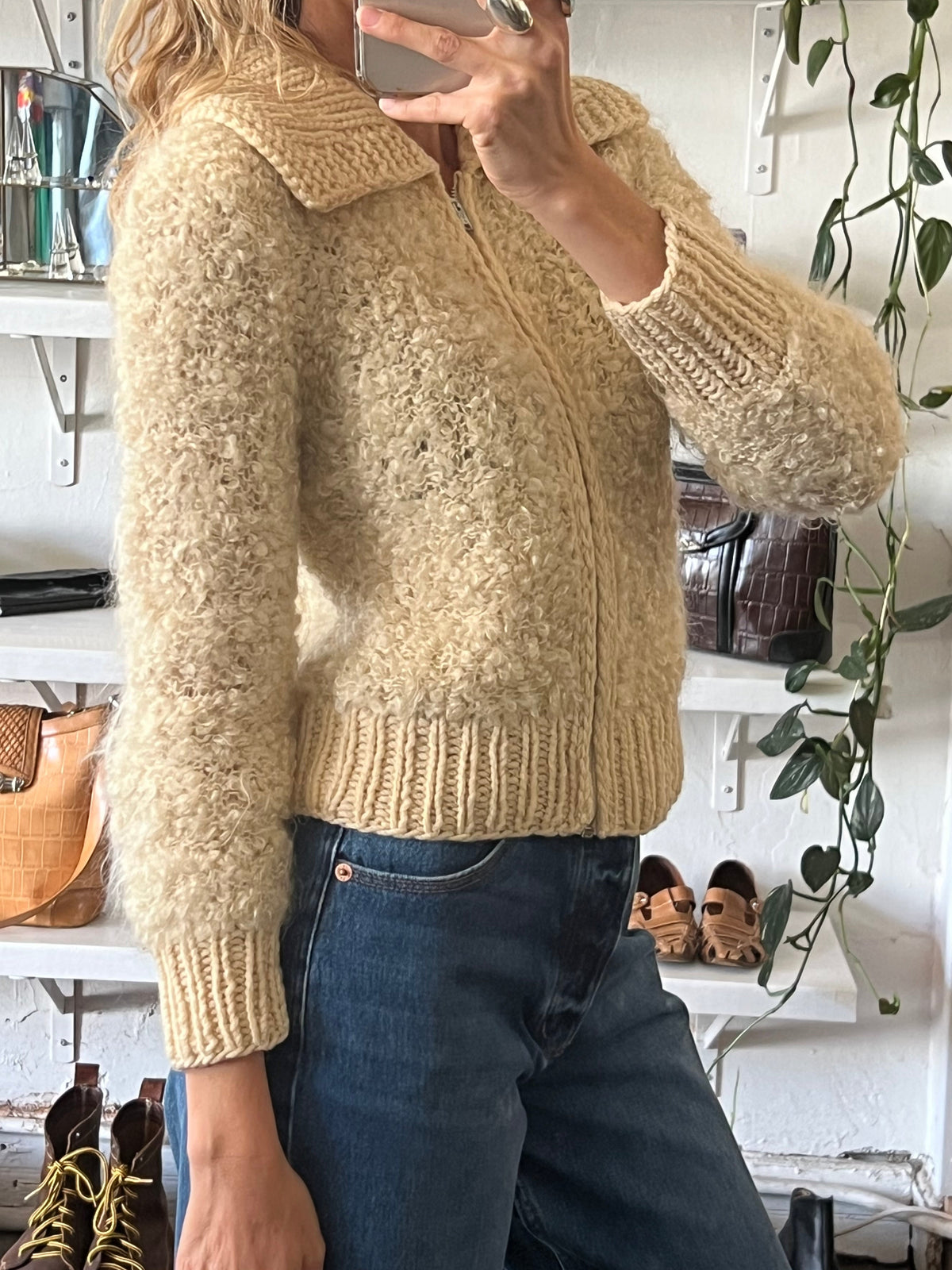 Vintage Natural Ivory Mohair Cropped Knit Zip Jacket