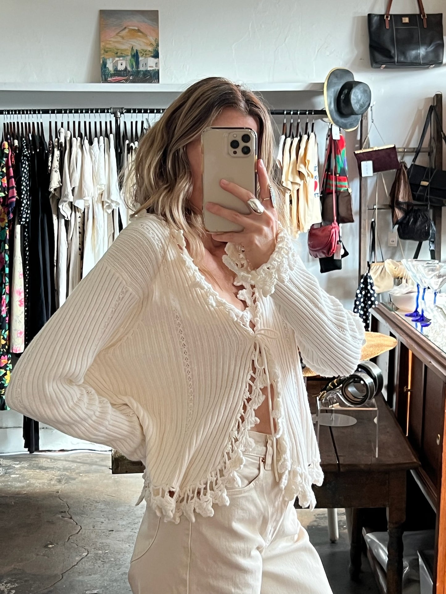 Vintage Ruffled Knit Tie Cardigan