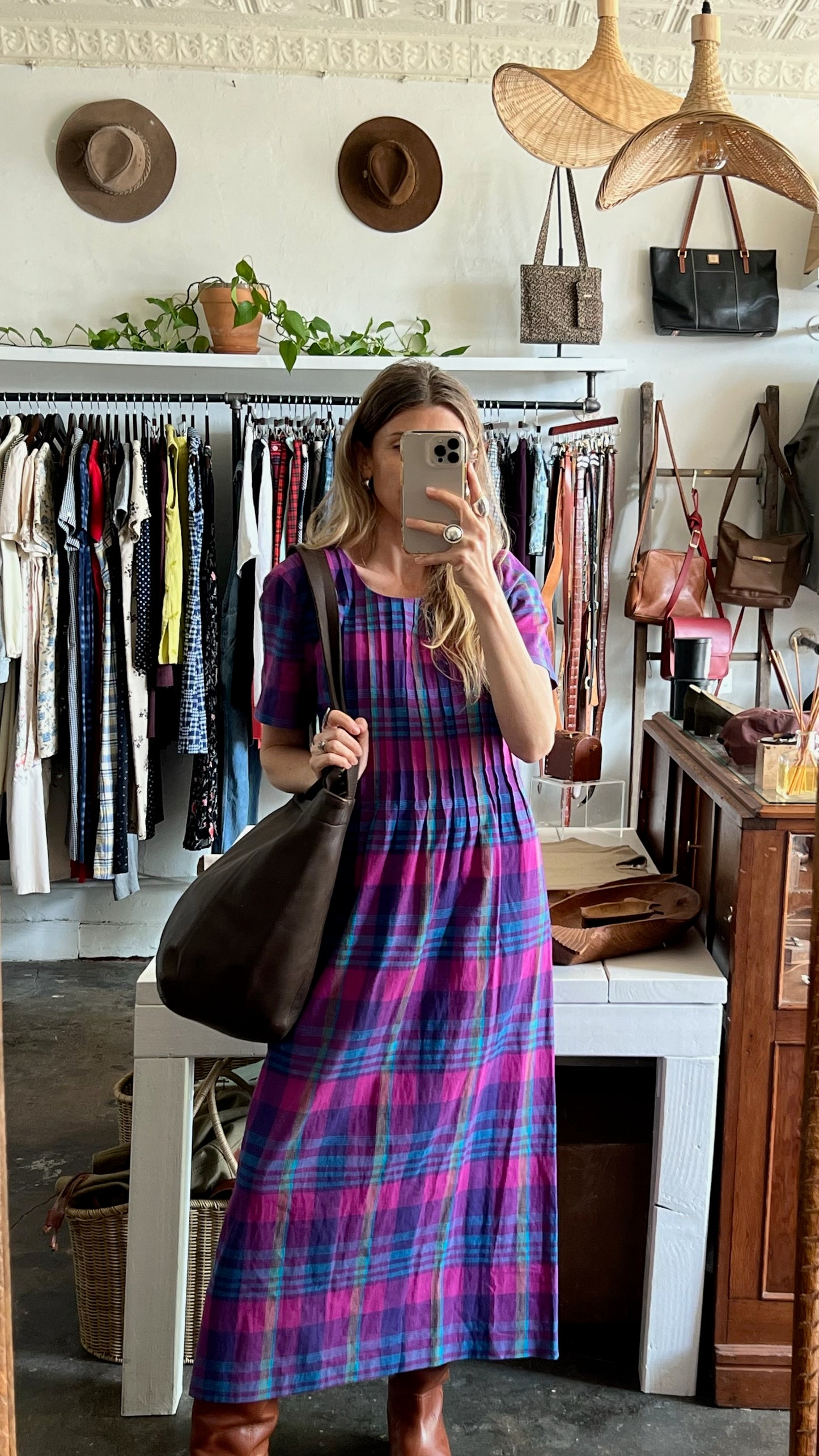 Vintage Plaid & Pleated Maxi Dress