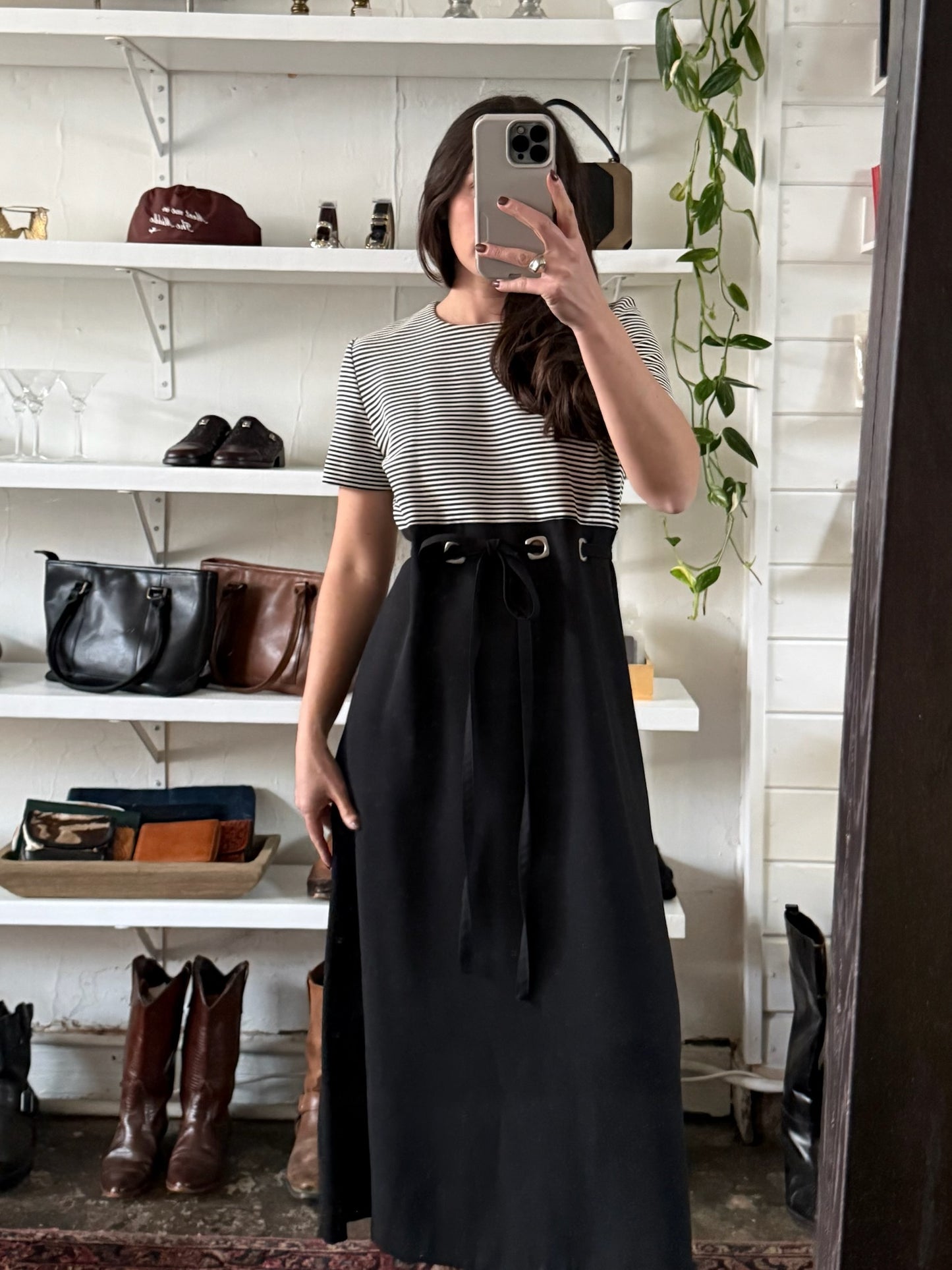 Vintage Striped Cinch Tie Empire Dress