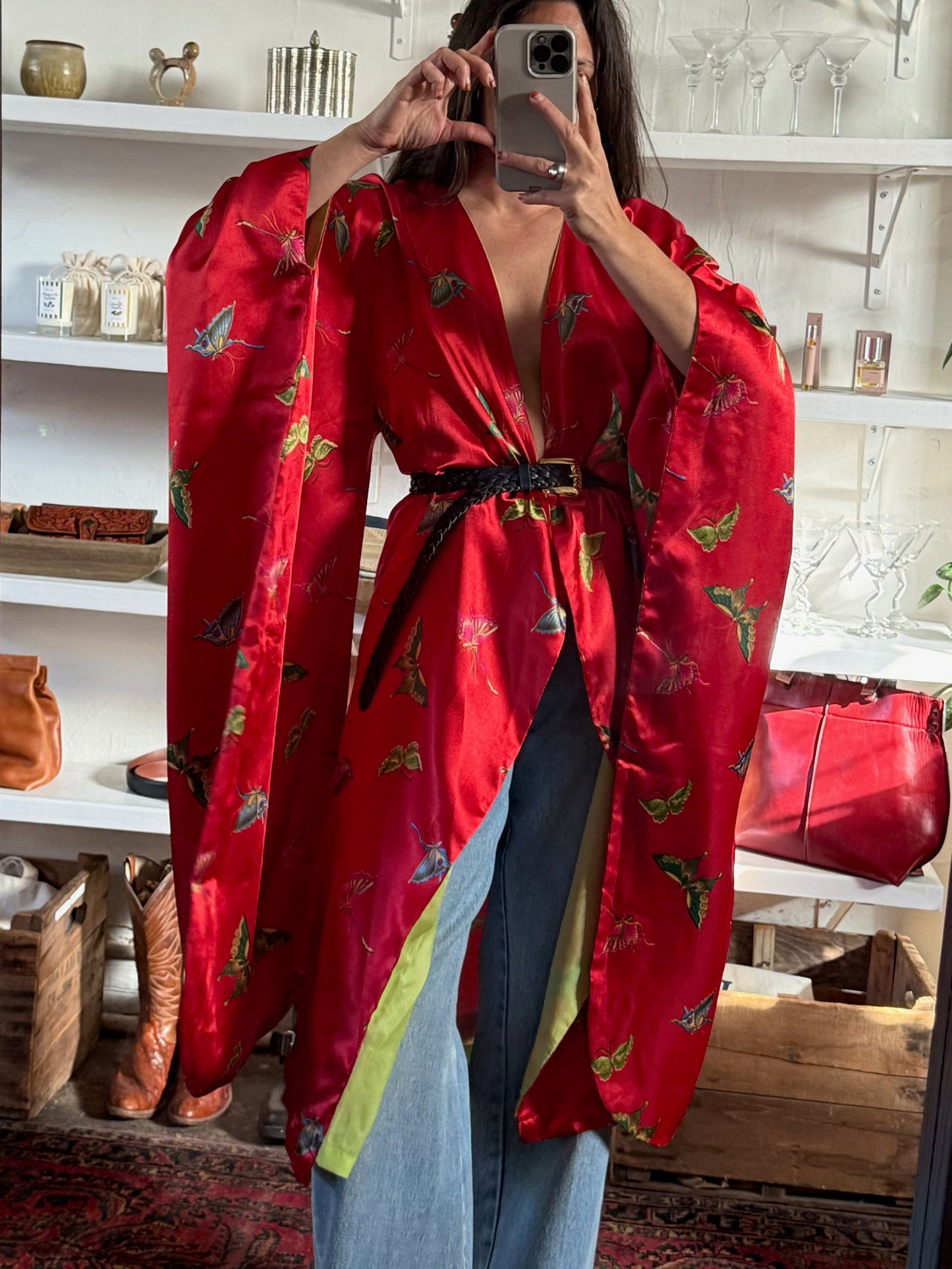 Incredible Vintage Butterfly Satin Kimono