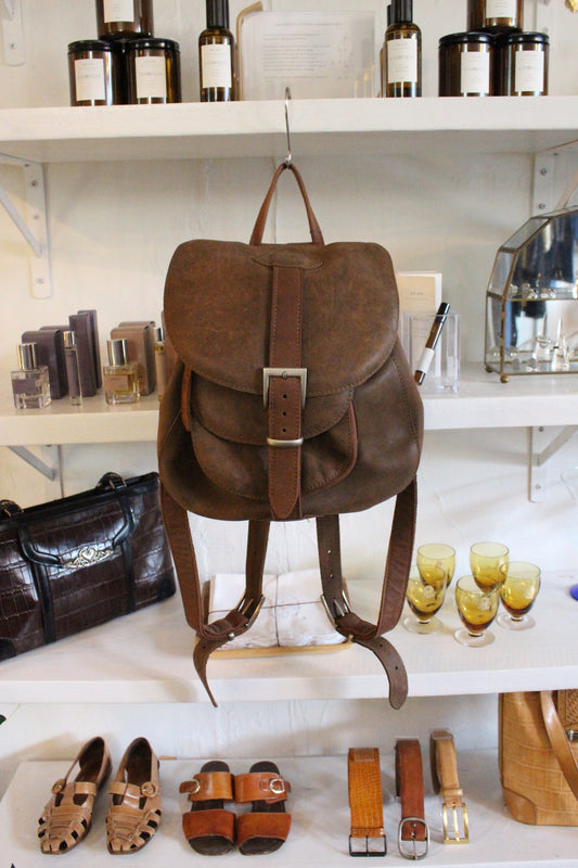 Vintage Rounded Leather Buckled Flap Backpack