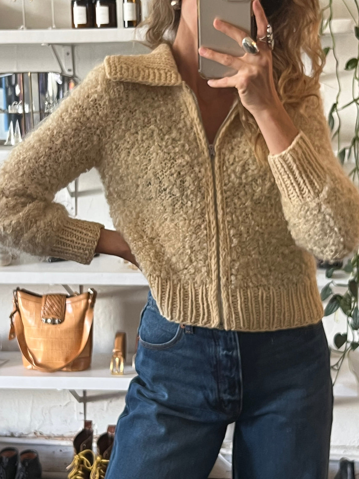 Vintage Natural Ivory Mohair Cropped Knit Zip Jacket