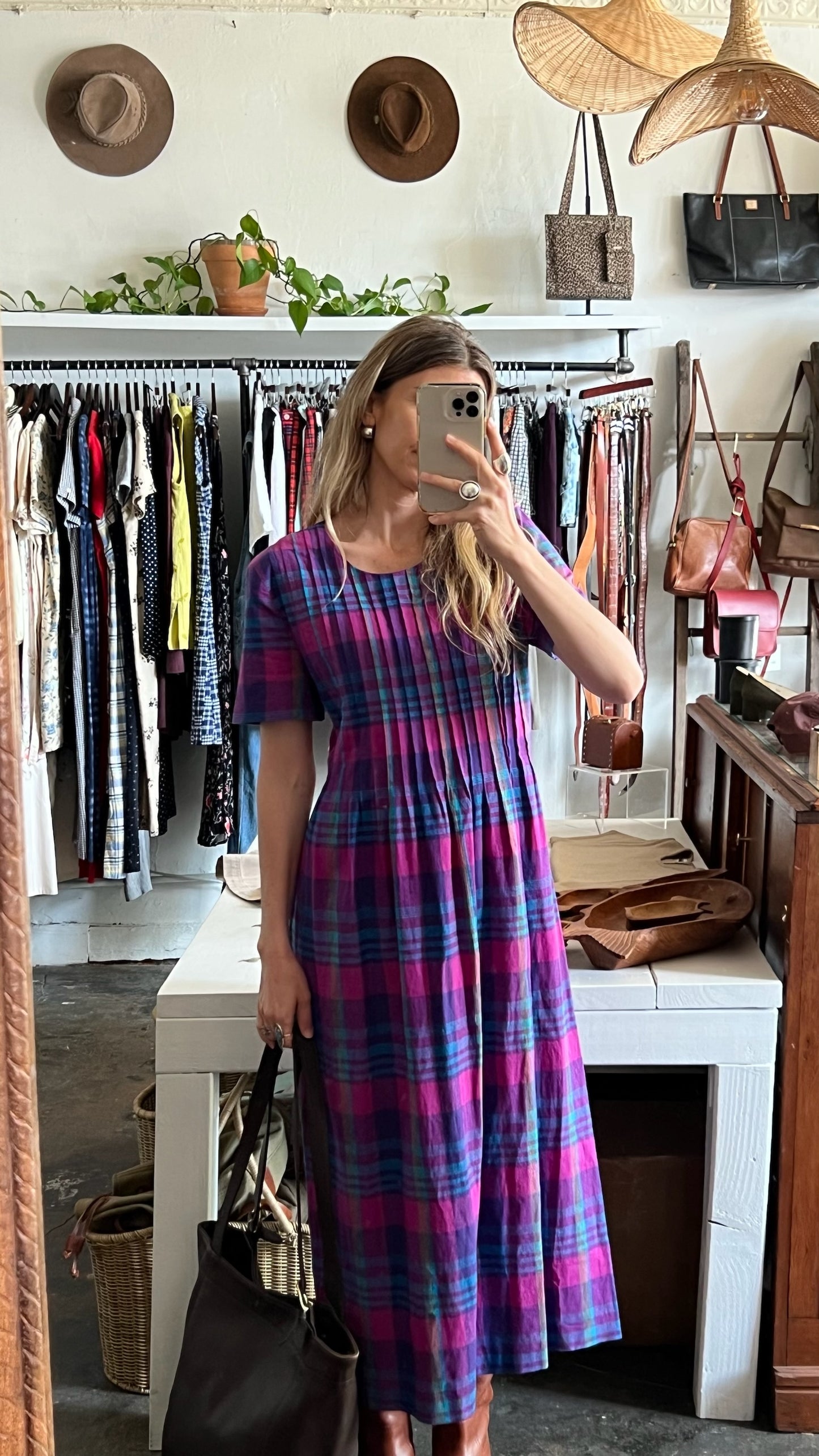 Vintage Plaid & Pleated Maxi Dress
