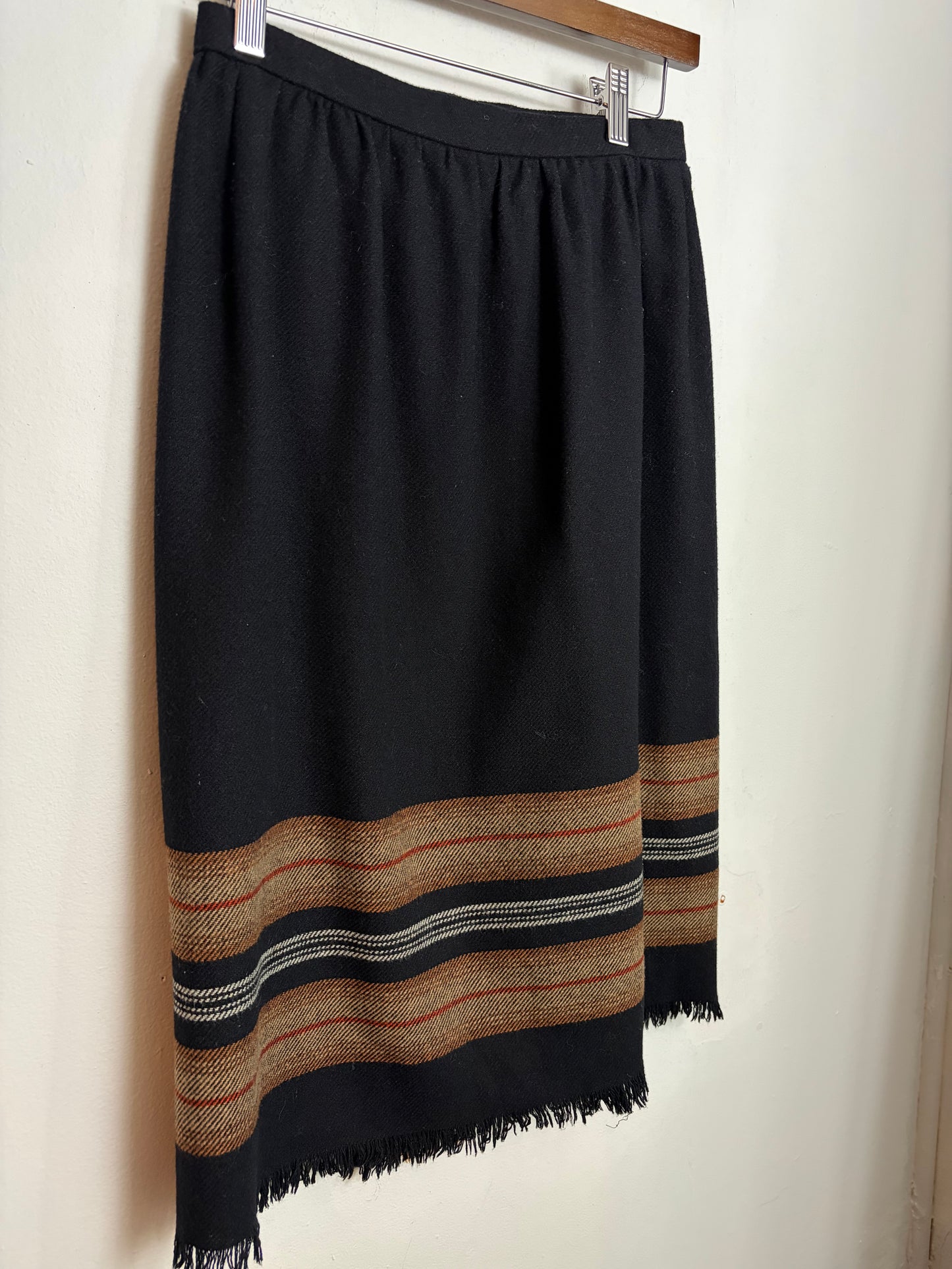 Vintage Plaid Wool Fringe-Hem Skirt