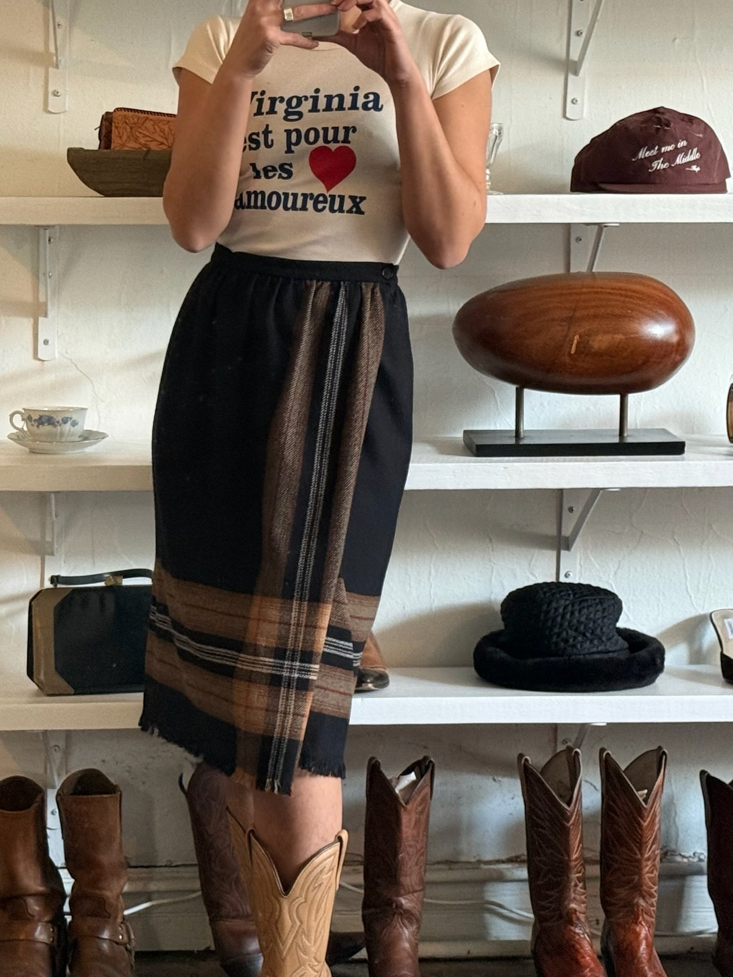 Vintage Plaid Wool Fringe-Hem Skirt
