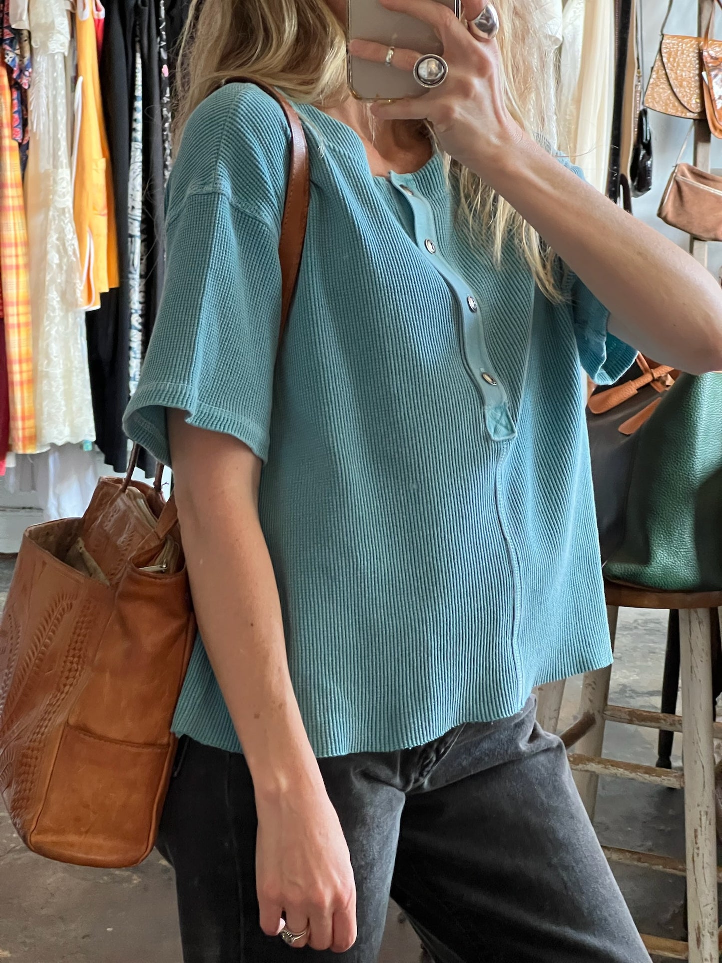 Vintage Aqua Waffle Knit Henley