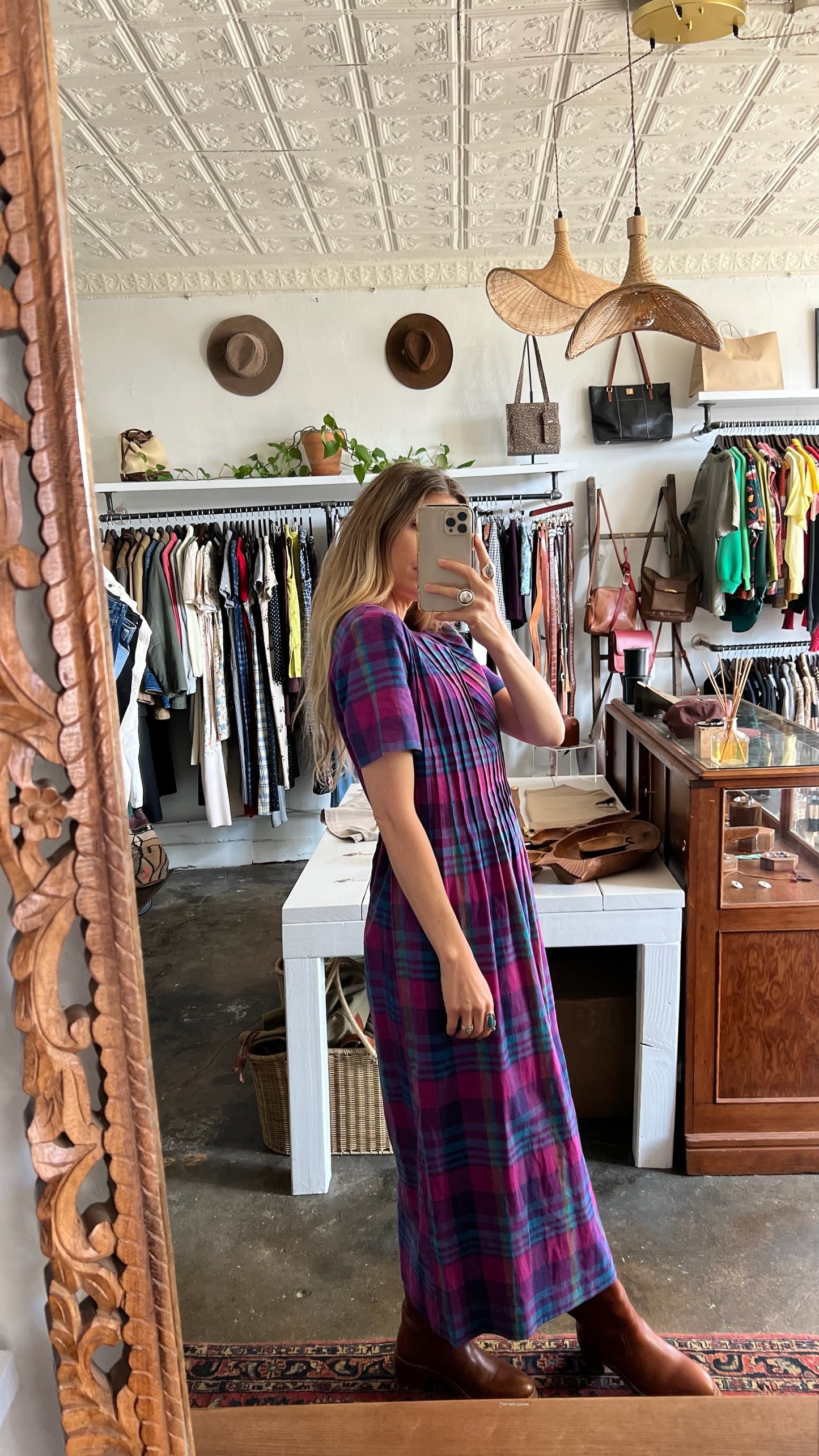 Vintage Plaid & Pleated Maxi Dress