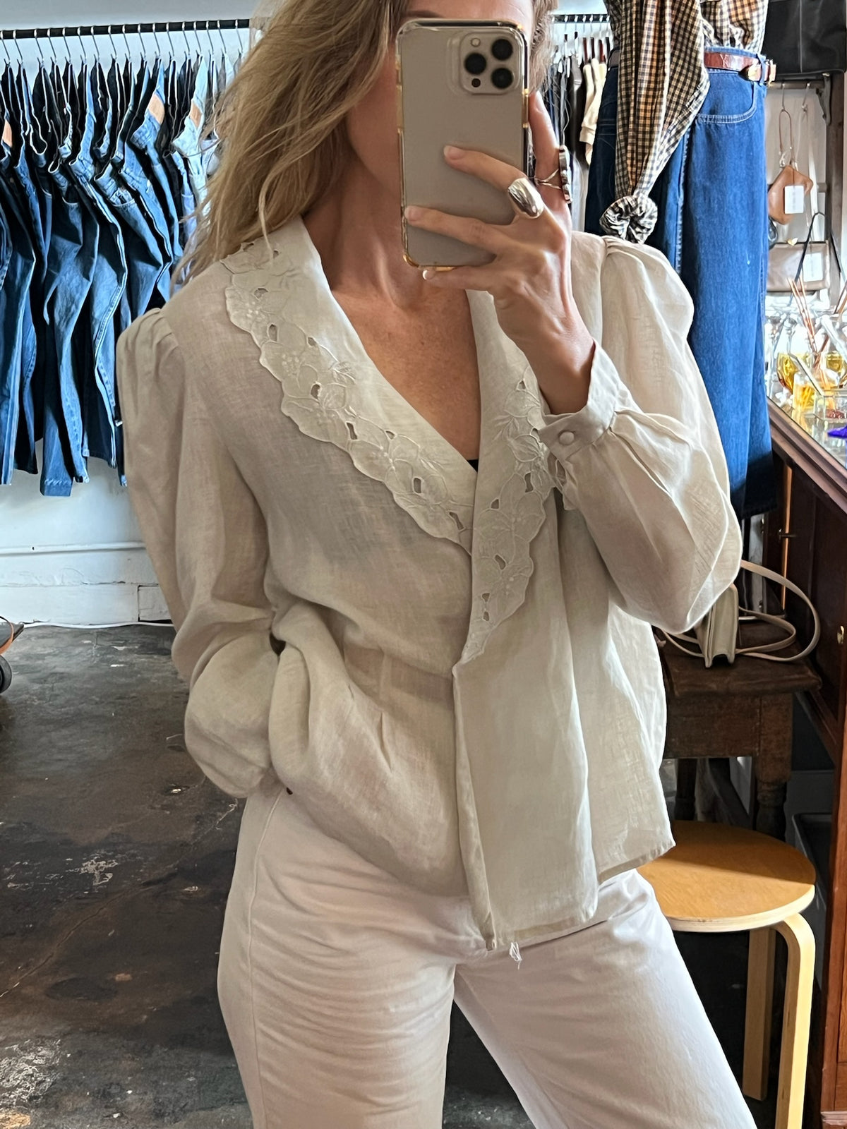 Vintage Embroidered Linen Long Sleeve Wrap Top