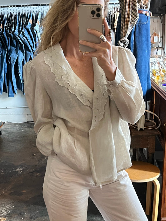 Vintage Embroidered Linen Long Sleeve Wrap Top