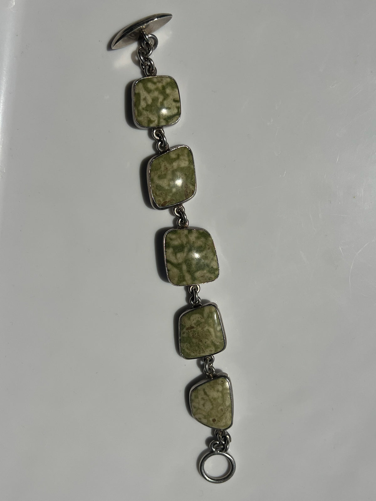 Incredible Vintage Sterling Silver Green Jasper Cabochon Bracelet