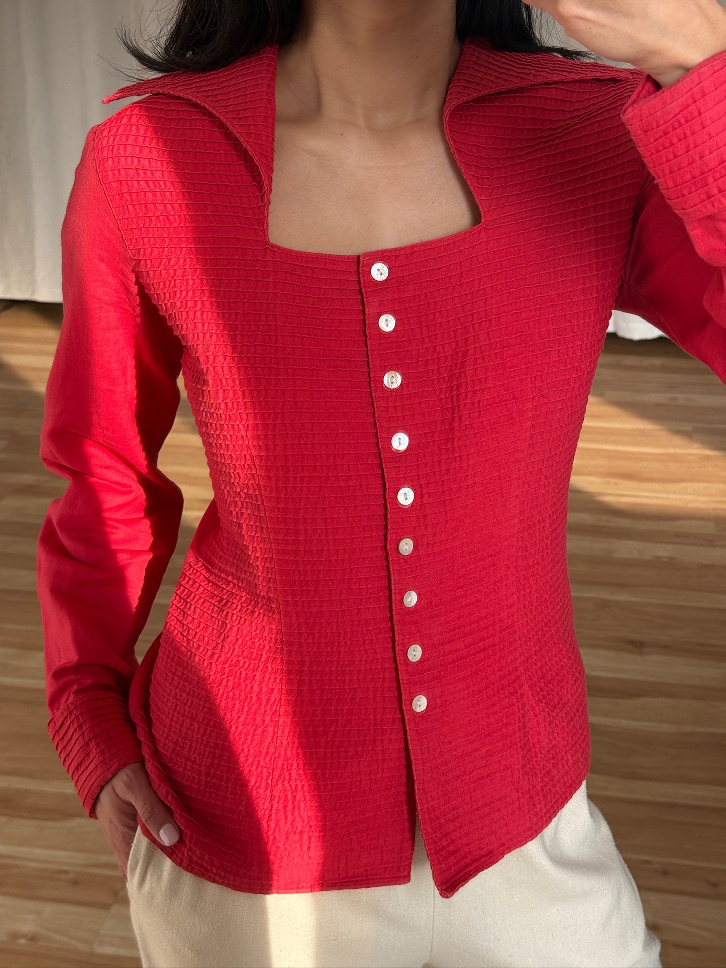 Vintage Square Neck Pleated Red Blouse