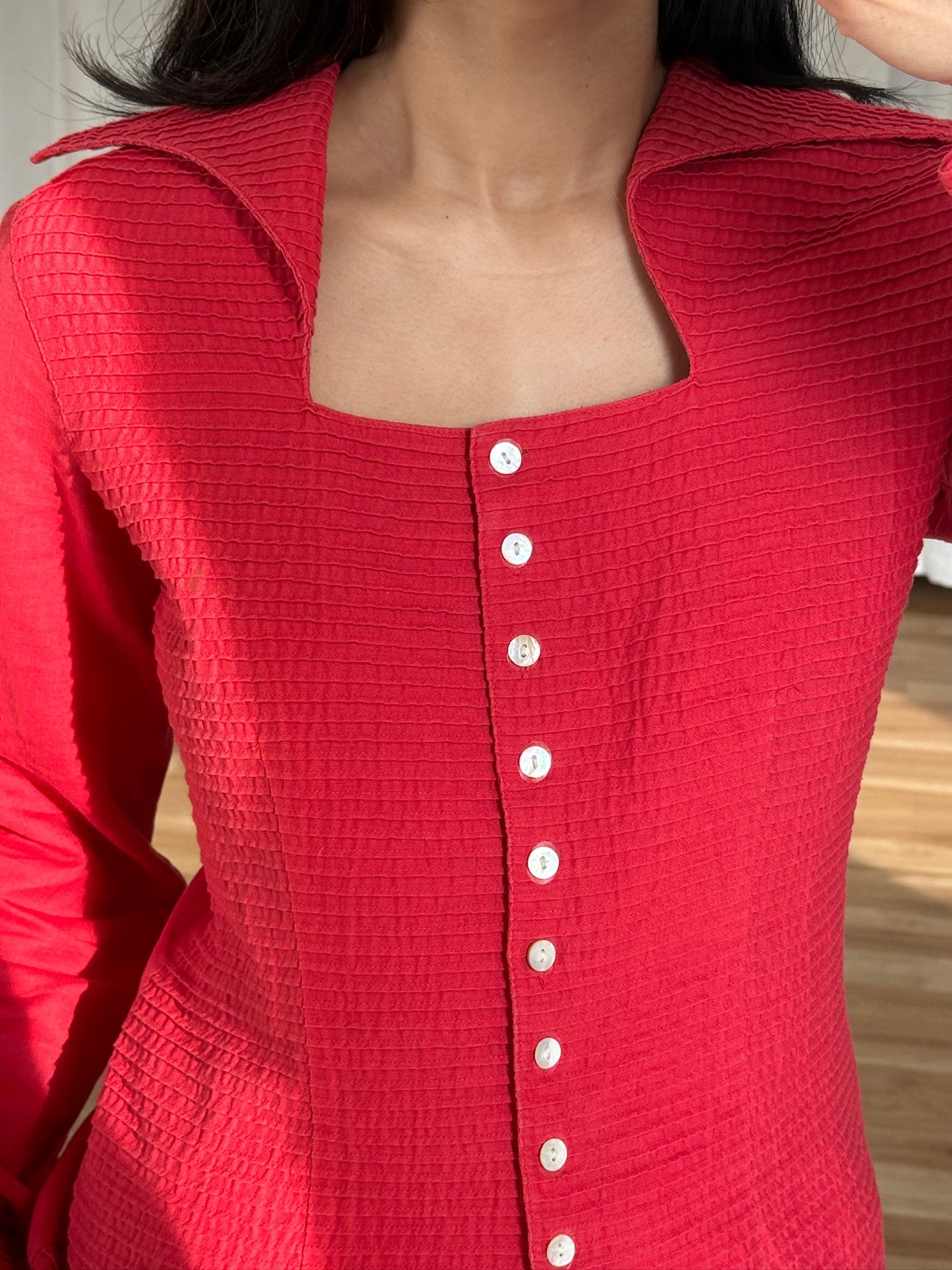 Vintage Square Neck Pleated Red Blouse