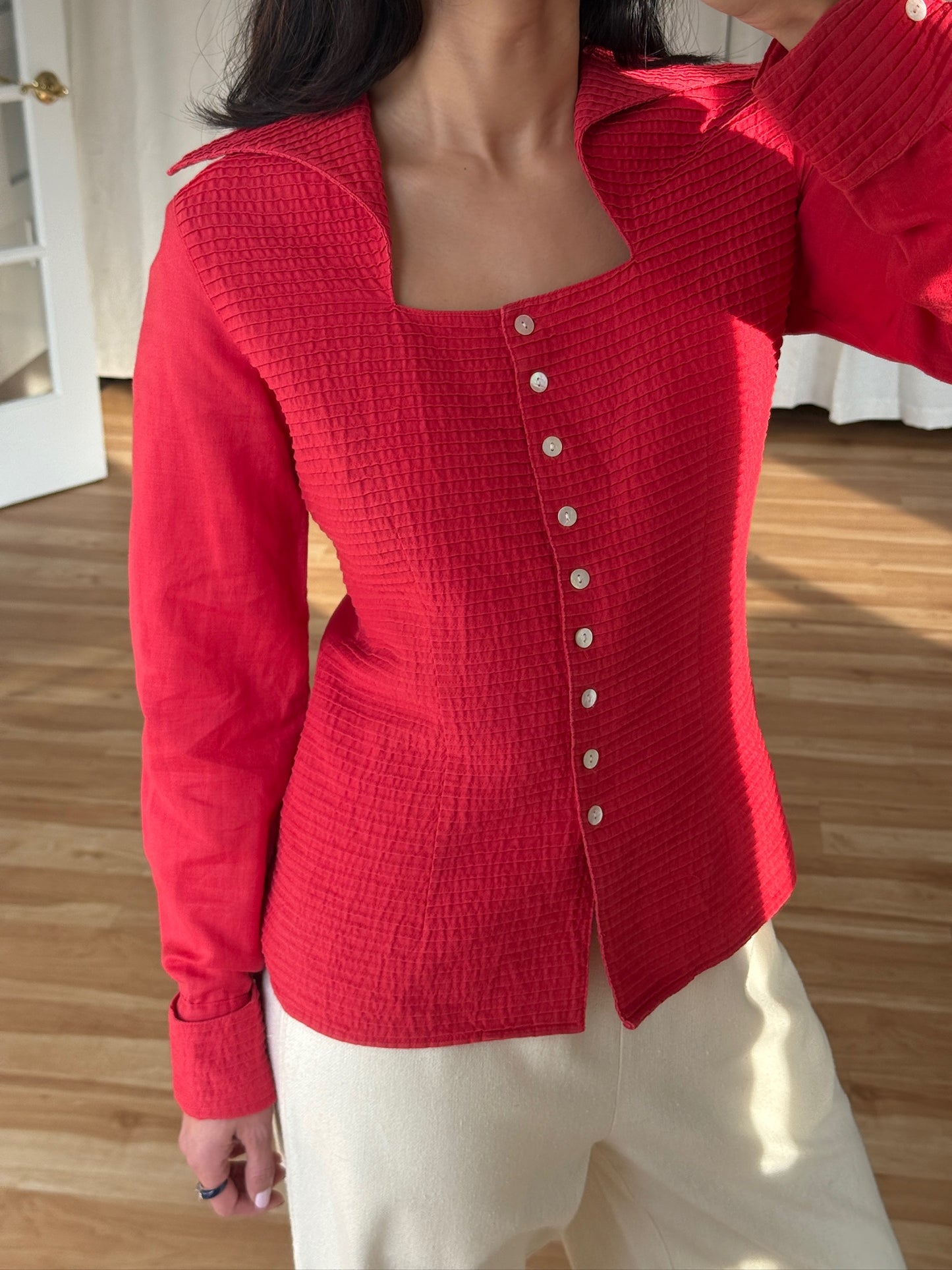 Vintage Square Neck Pleated Red Blouse