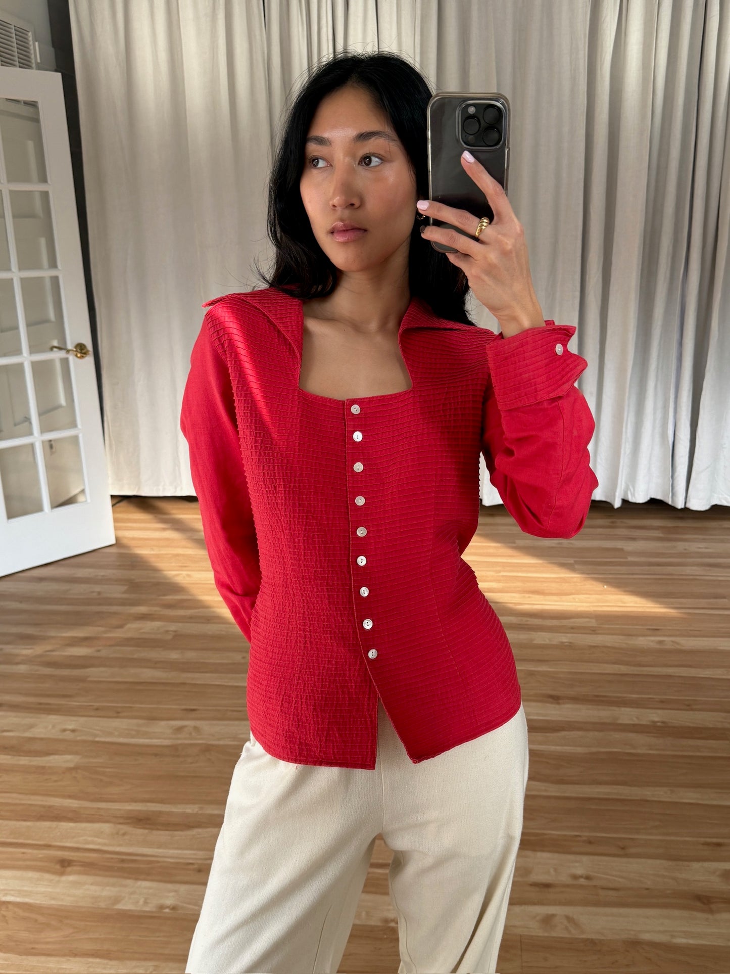 Vintage Square Neck Pleated Red Blouse