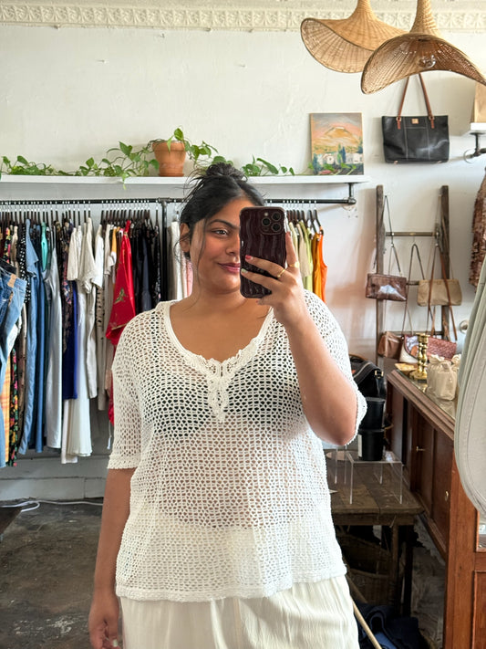 Vintage Ivory Mesh Knit Shell