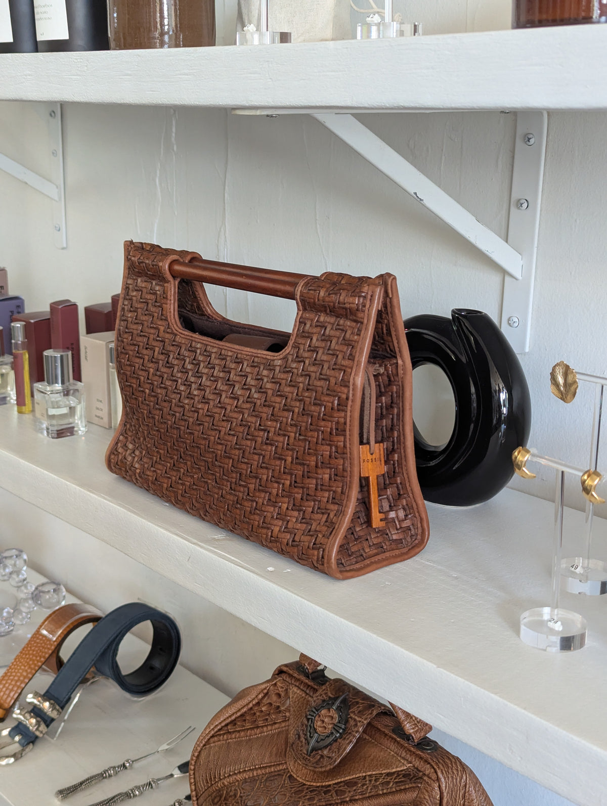 Vintage Fossil Woven Purse With Wood Handles